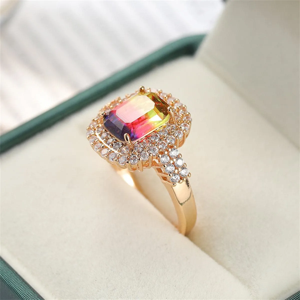 Multicolor Crystal & Cubic Zirconia Radiant-Cut Halo Ring