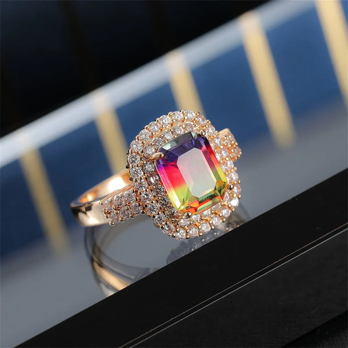Multicolor Crystal & Cubic Zirconia Radiant-Cut Halo Ring