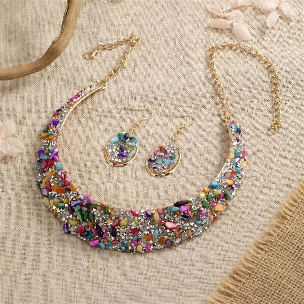 Multicolor Resin & 18K Gold-Plated Oval Cluster Statement Necklace & Drop Earrings