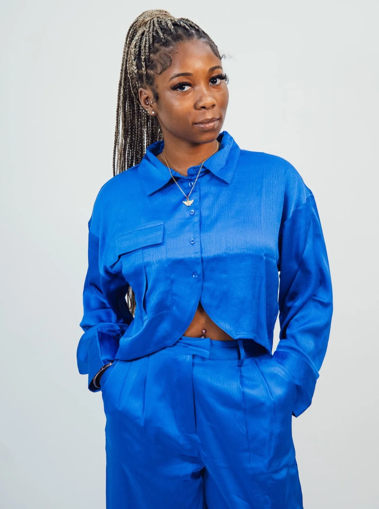 Native Youth Textured Satin Long Sleeve Shirt - Blue