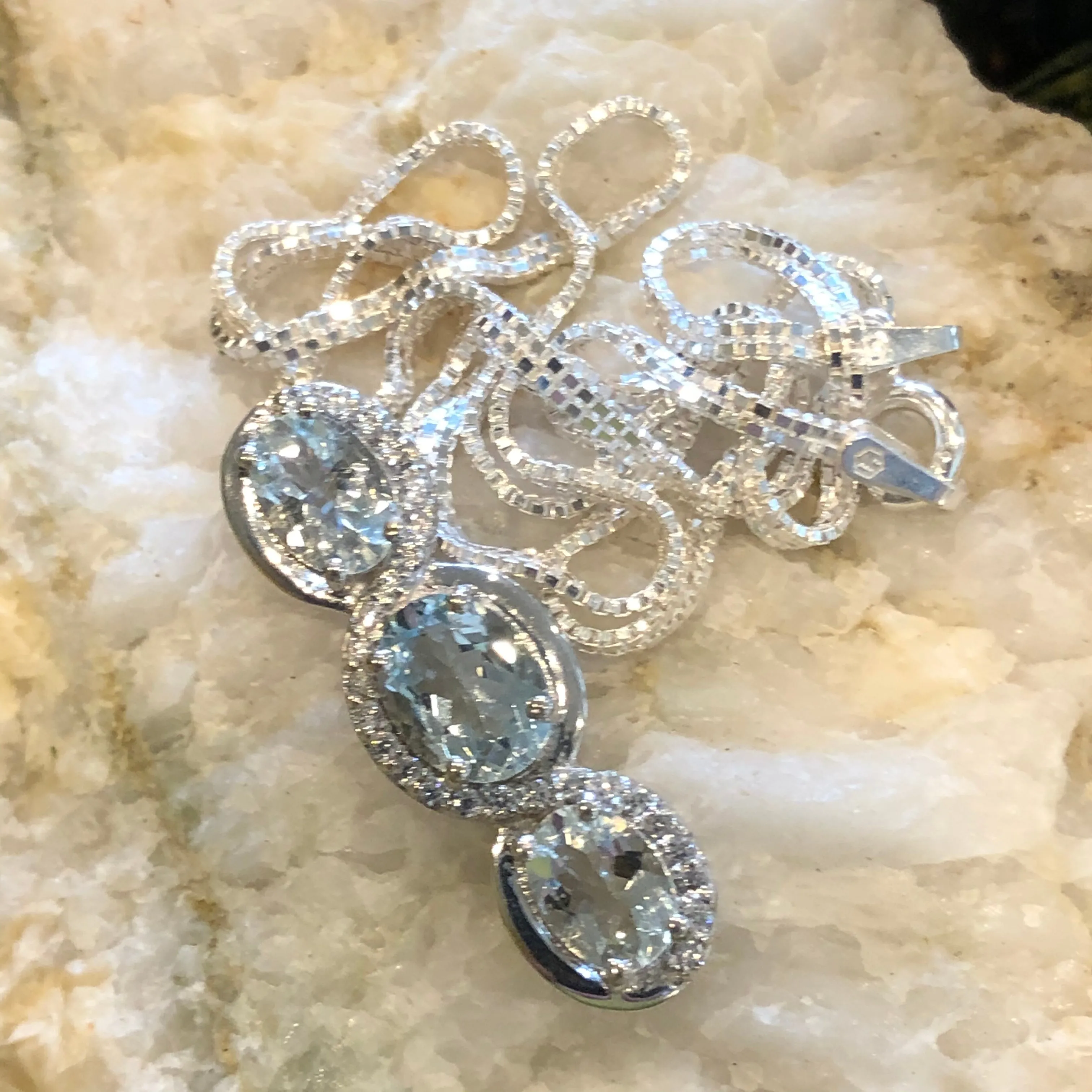 Natural 6ct Blue Aquamarine 925 Solid Sterling Silver Pendant Necklace 16"