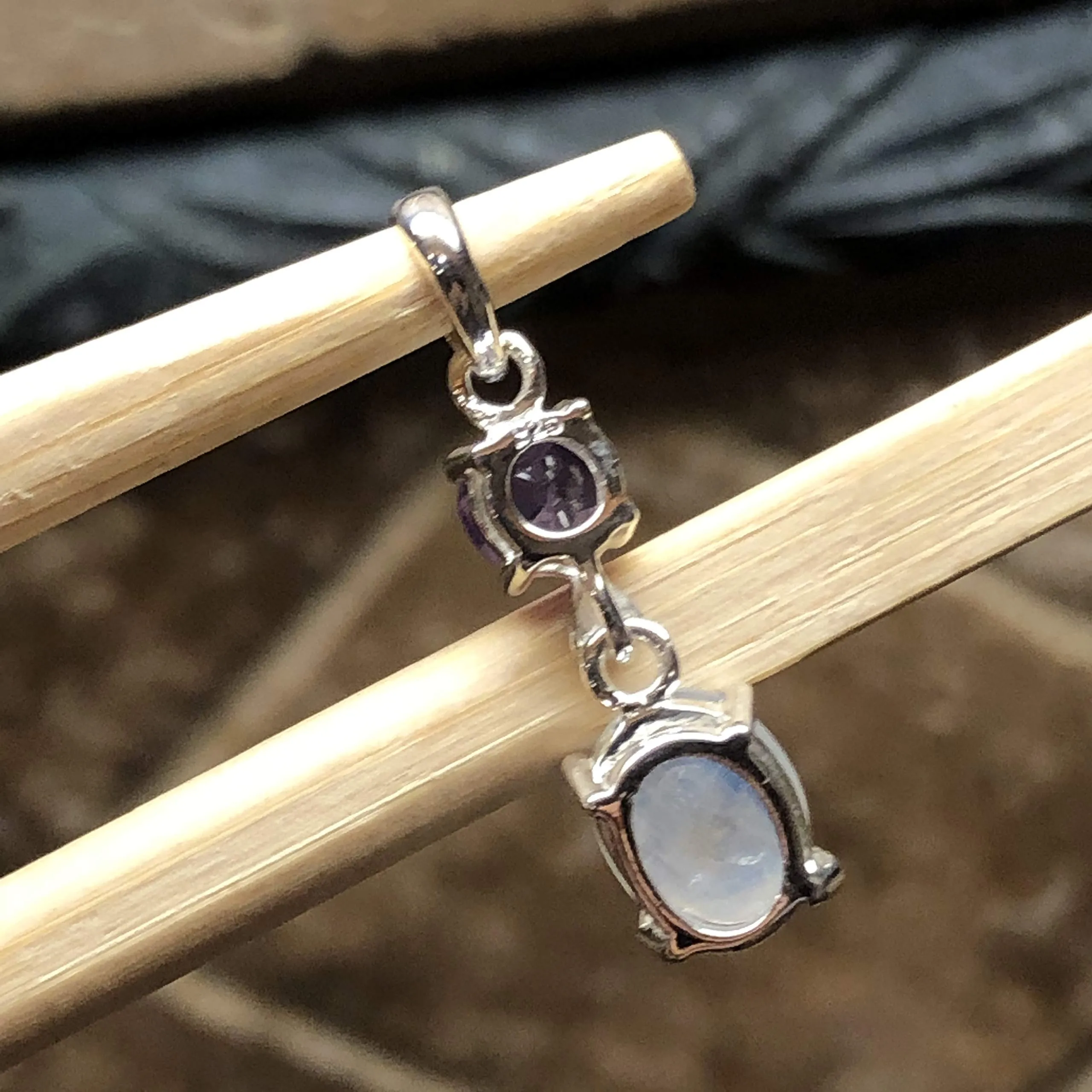 Natural Amethyst, Rainbow Moonstone 925 Solid Sterling Silver Pendant 28mm
