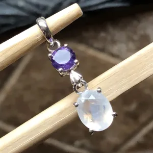 Natural Amethyst, Rainbow Moonstone 925 Solid Sterling Silver Pendant 28mm