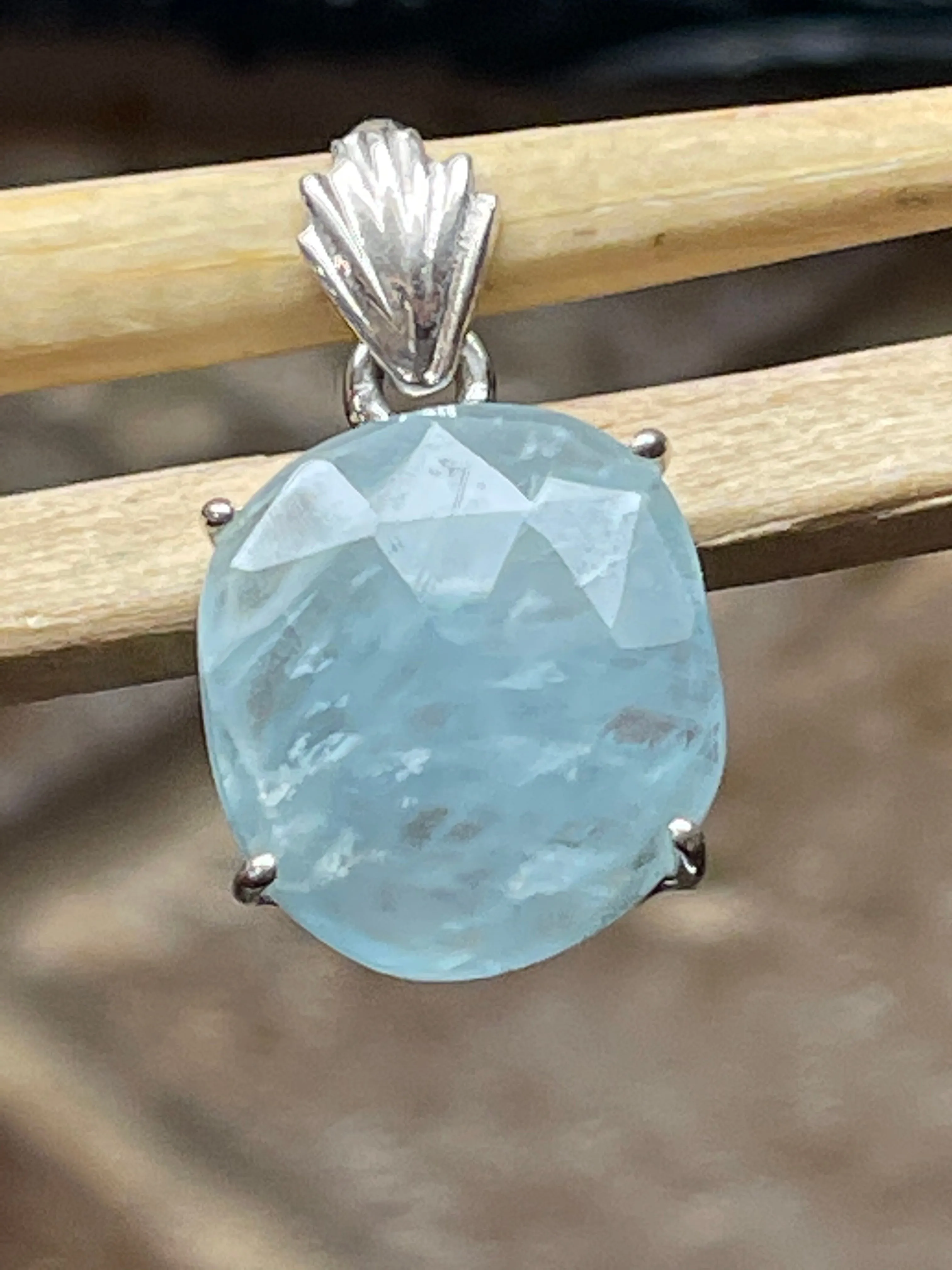 Natural Aquamarine 925 Solid Sterling Silver Pendant 25mm