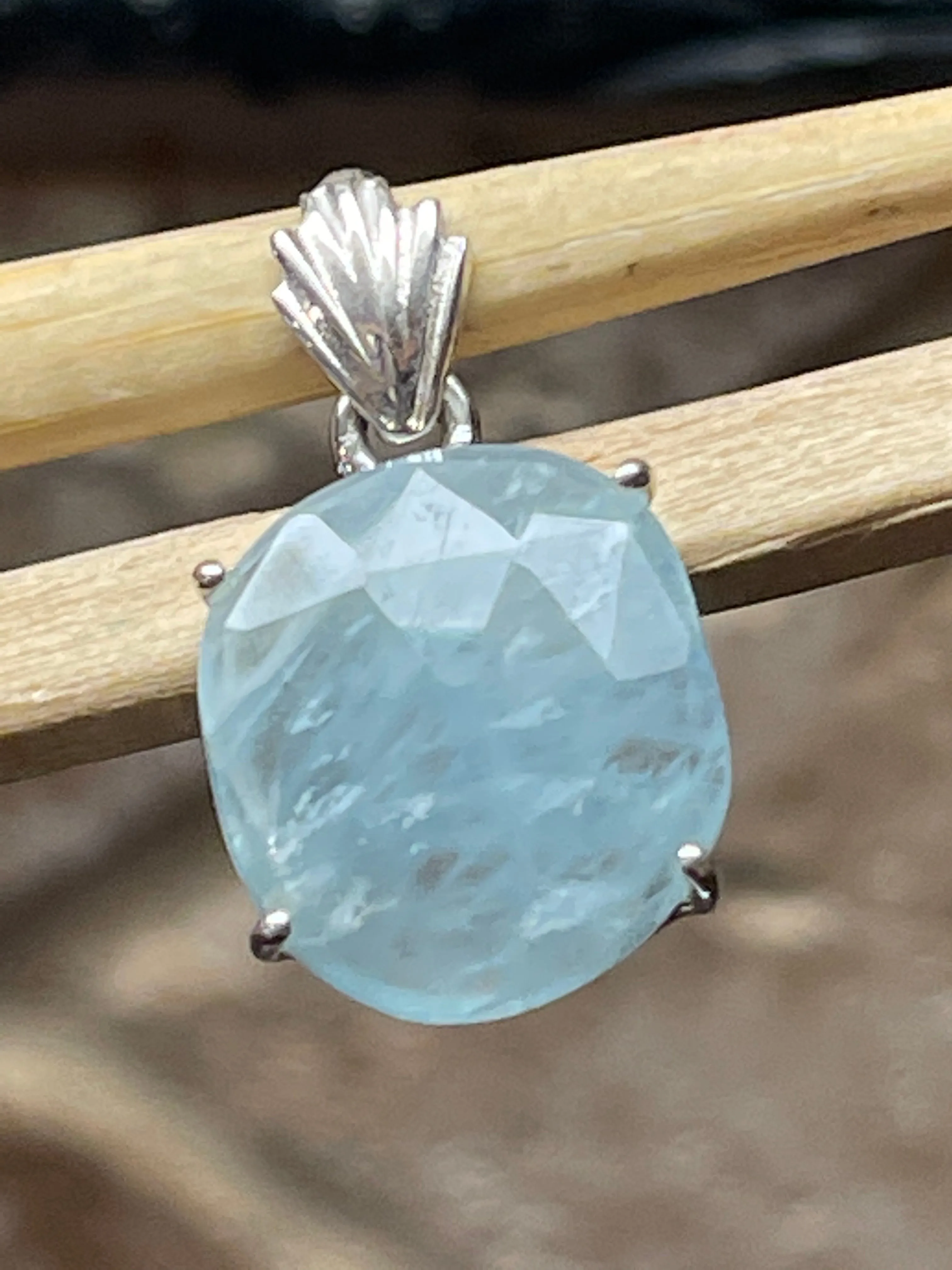 Natural Aquamarine 925 Solid Sterling Silver Pendant 25mm