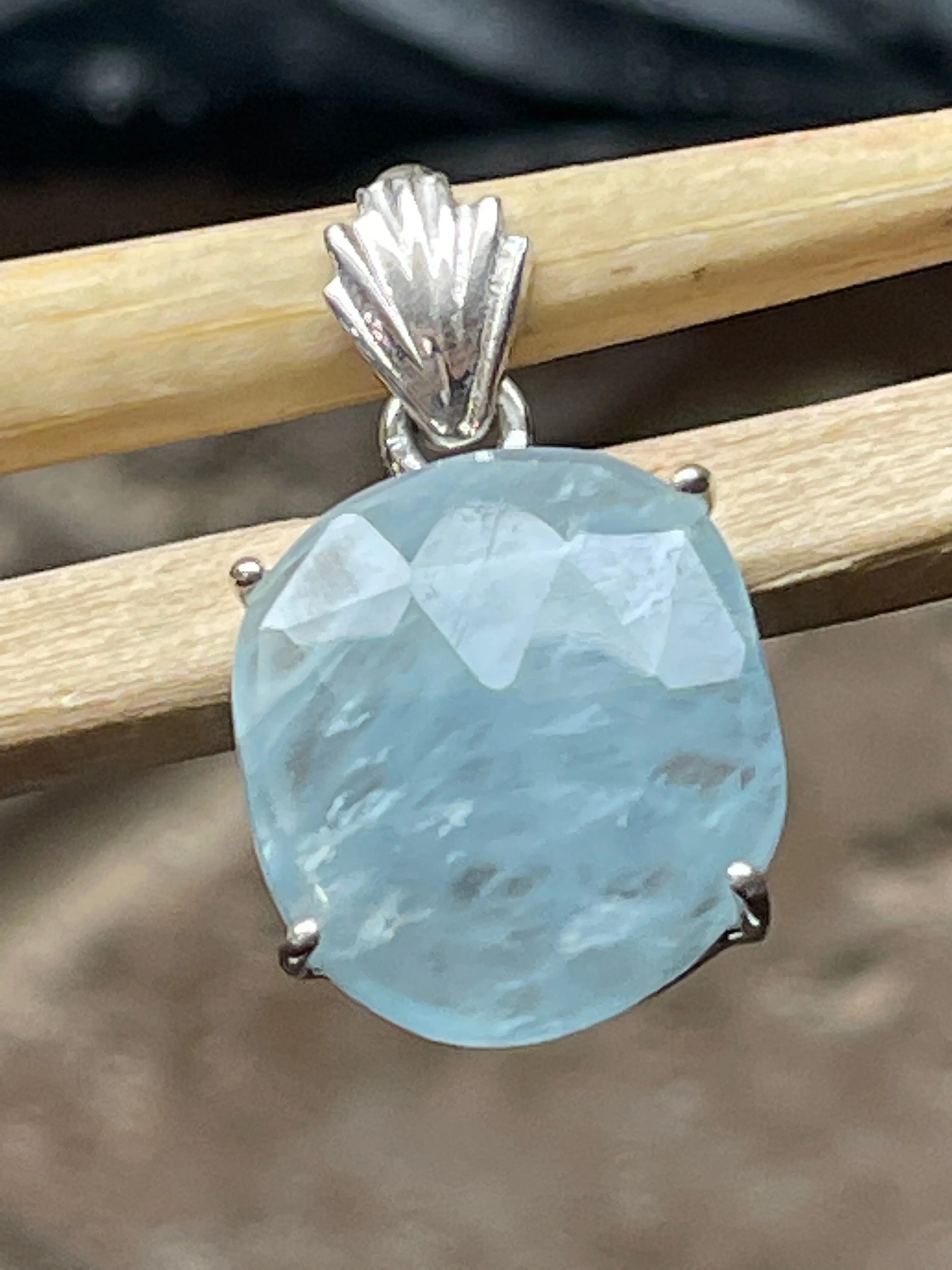 Natural Aquamarine 925 Solid Sterling Silver Pendant 25mm