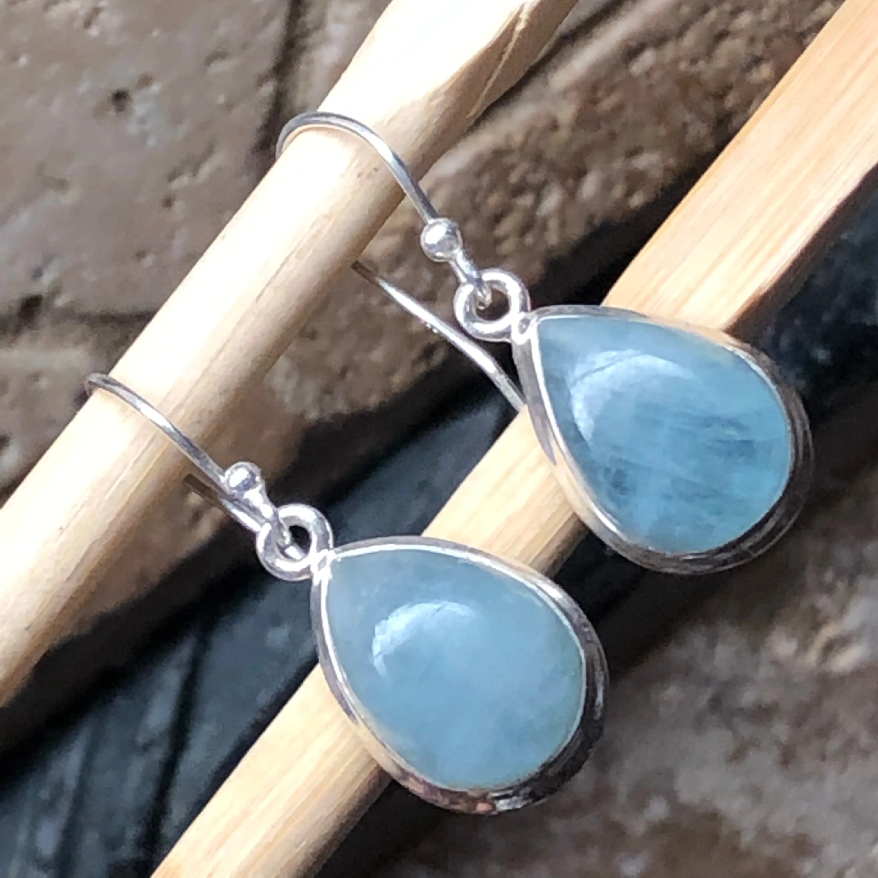 Natural Aquamarine Cabochan 925 Solid Sterling Silver Earrings 25mm