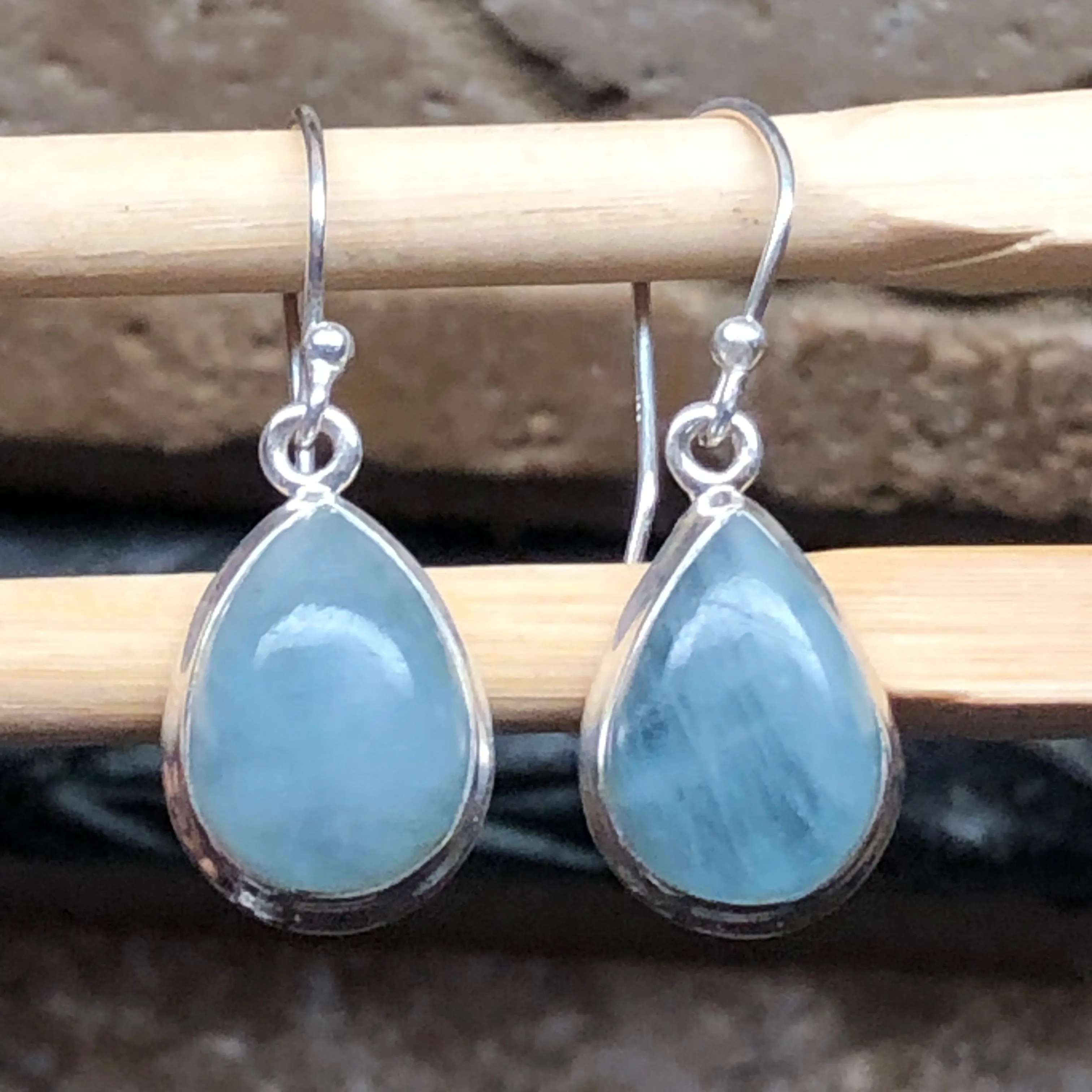 Natural Aquamarine Cabochan 925 Solid Sterling Silver Earrings 25mm
