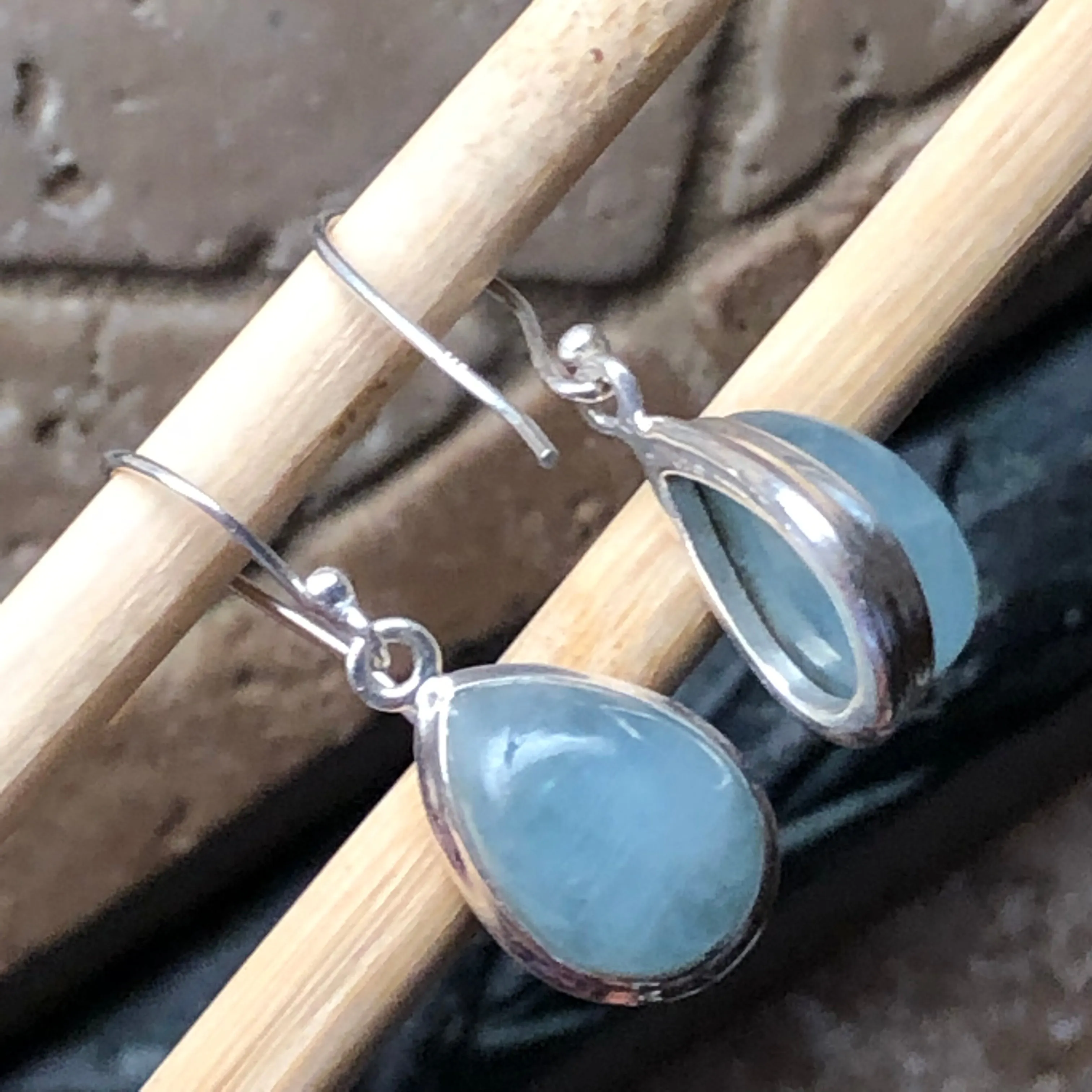Natural Aquamarine Cabochan 925 Solid Sterling Silver Earrings 25mm