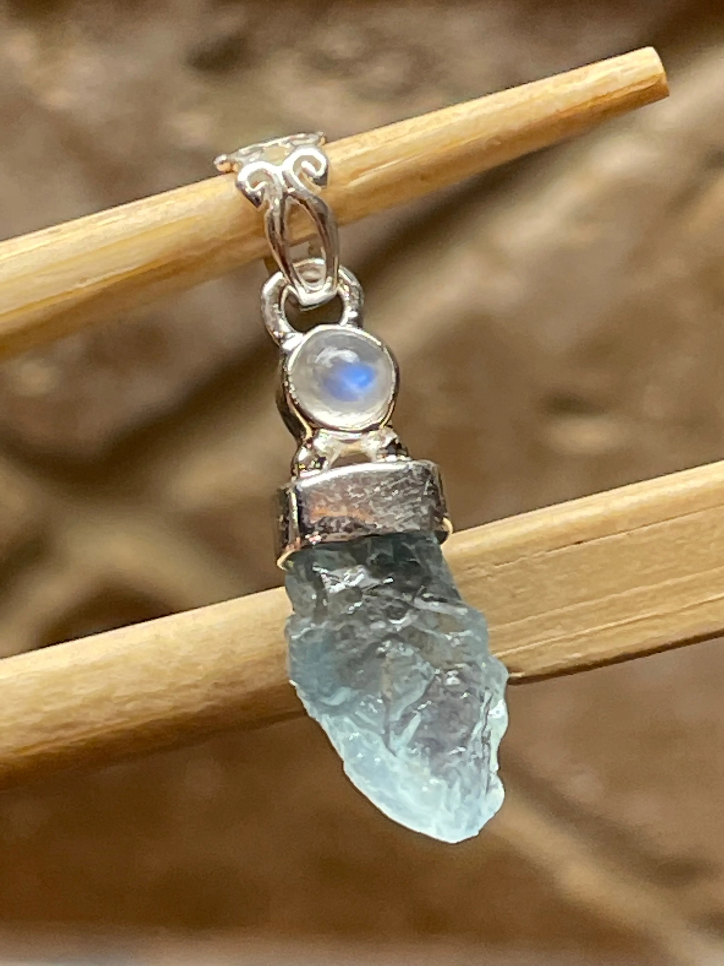 Natural Aquamarine, Moonstone 925 Solid Sterling Silver Pendant 35mm