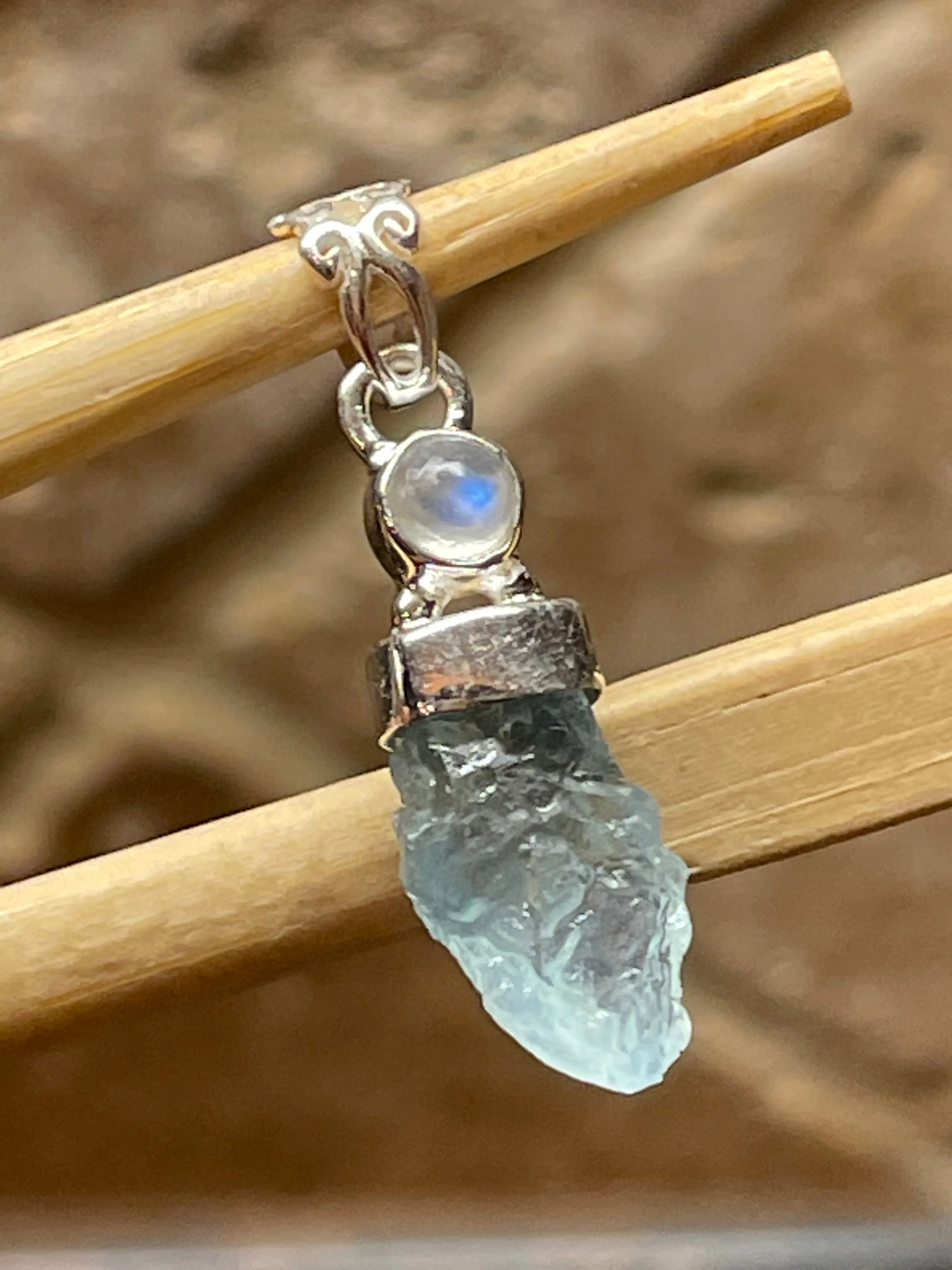 Natural Aquamarine, Moonstone 925 Solid Sterling Silver Pendant 35mm