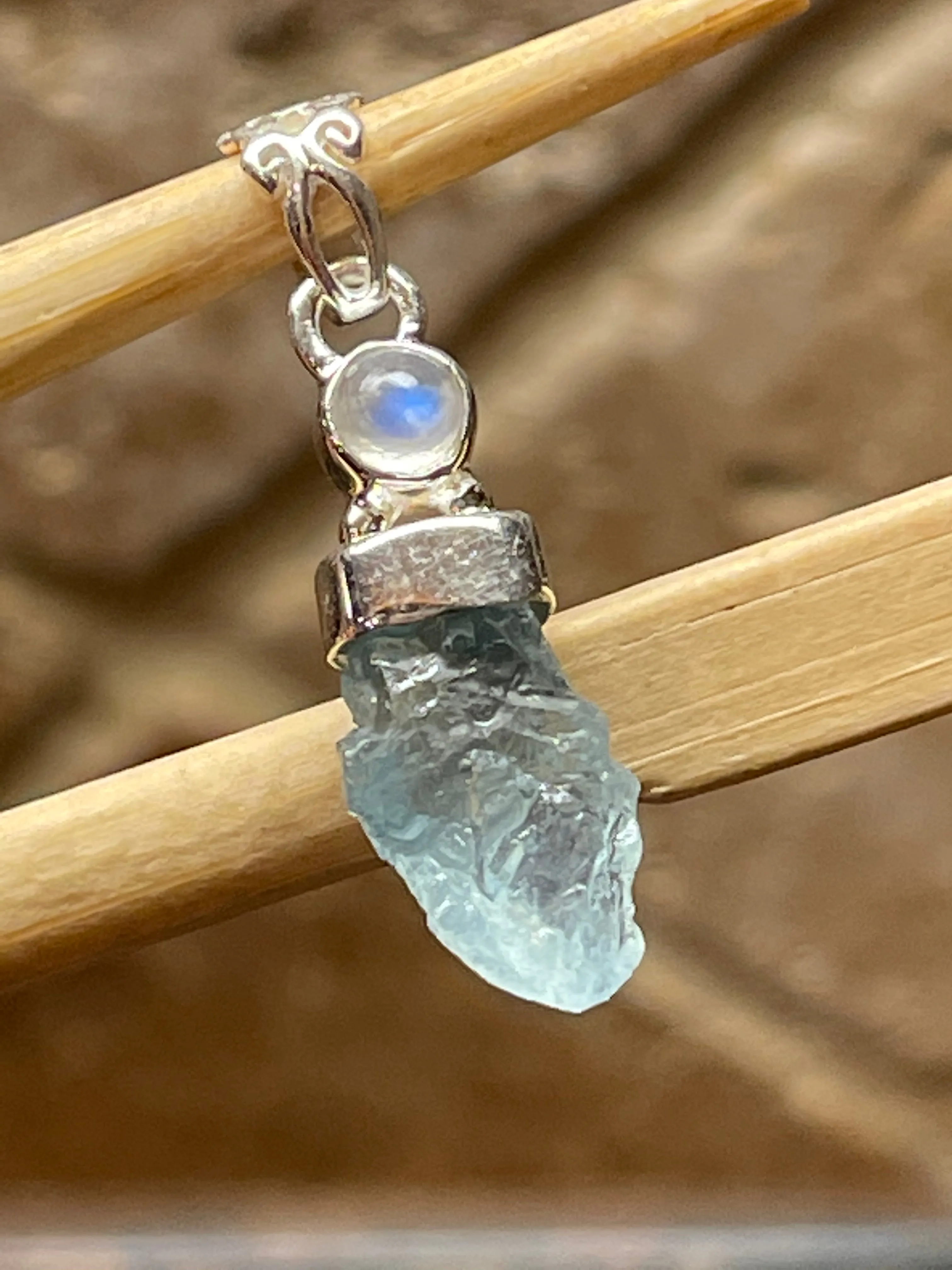 Natural Aquamarine, Moonstone 925 Solid Sterling Silver Pendant 35mm