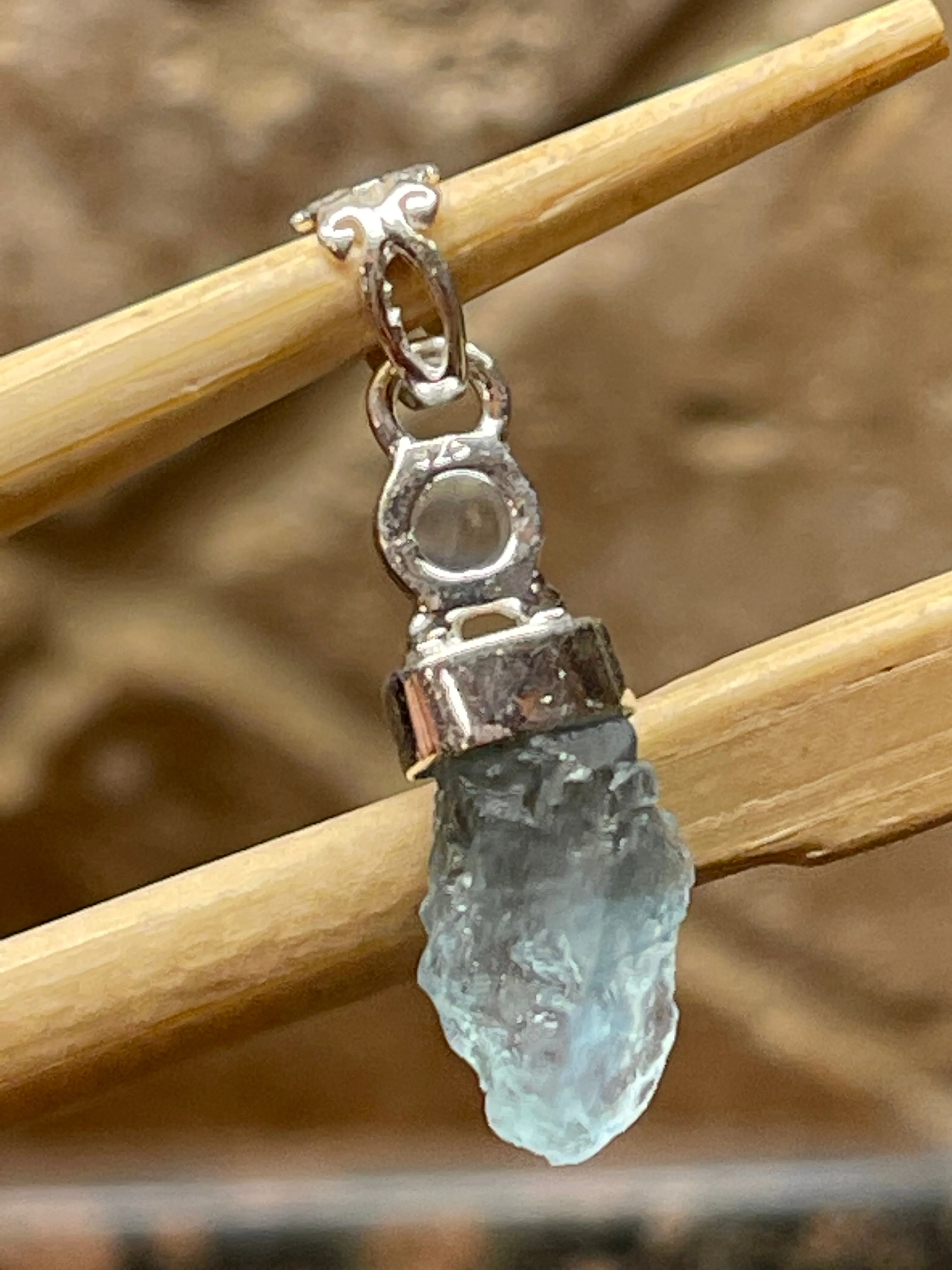 Natural Aquamarine, Moonstone 925 Solid Sterling Silver Pendant 35mm