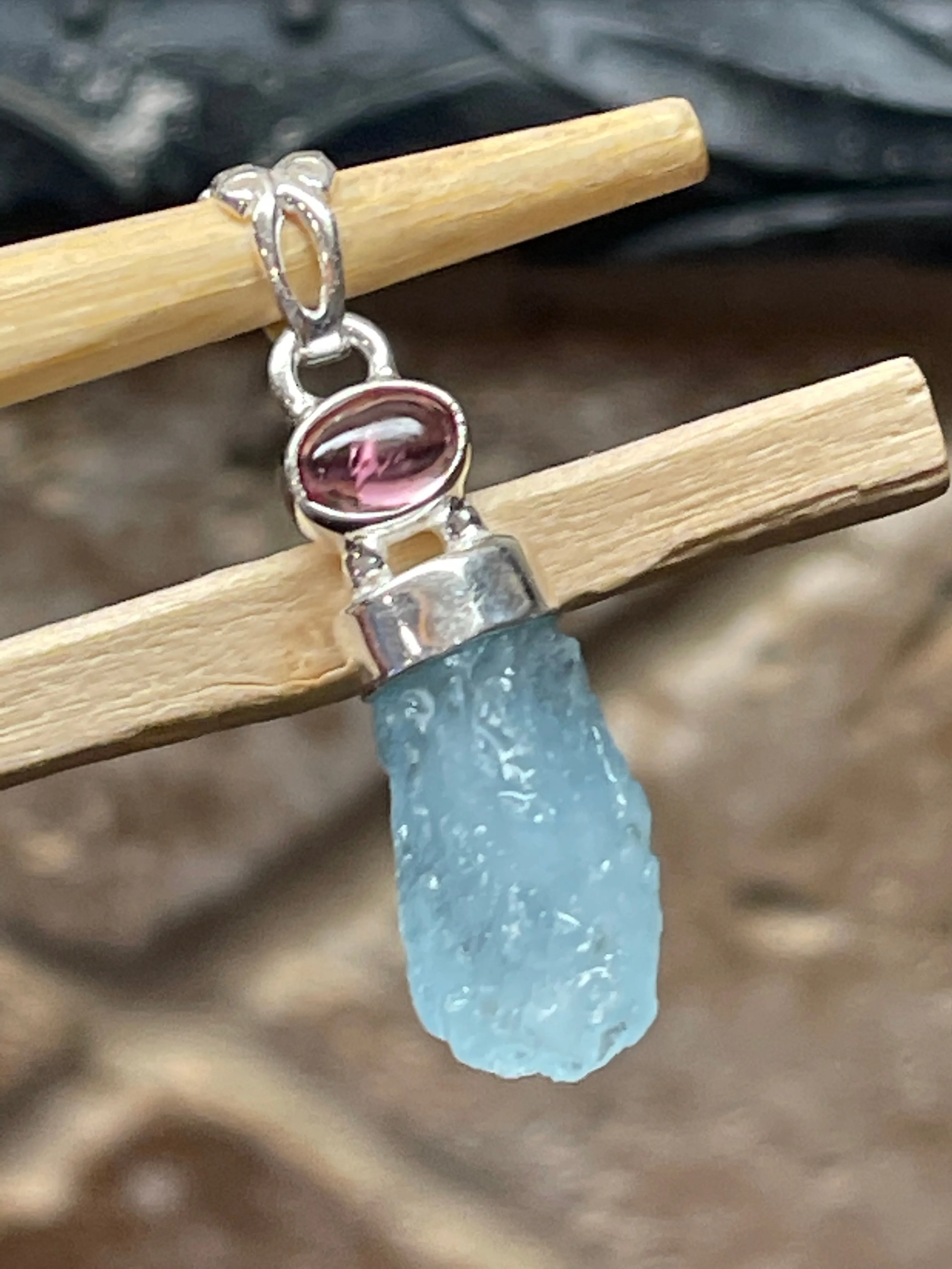 Natural Aquamarine, Tourmaline 925 Solid Sterling Silver Pendant 35mm
