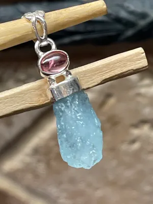 Natural Aquamarine, Tourmaline 925 Solid Sterling Silver Pendant 35mm