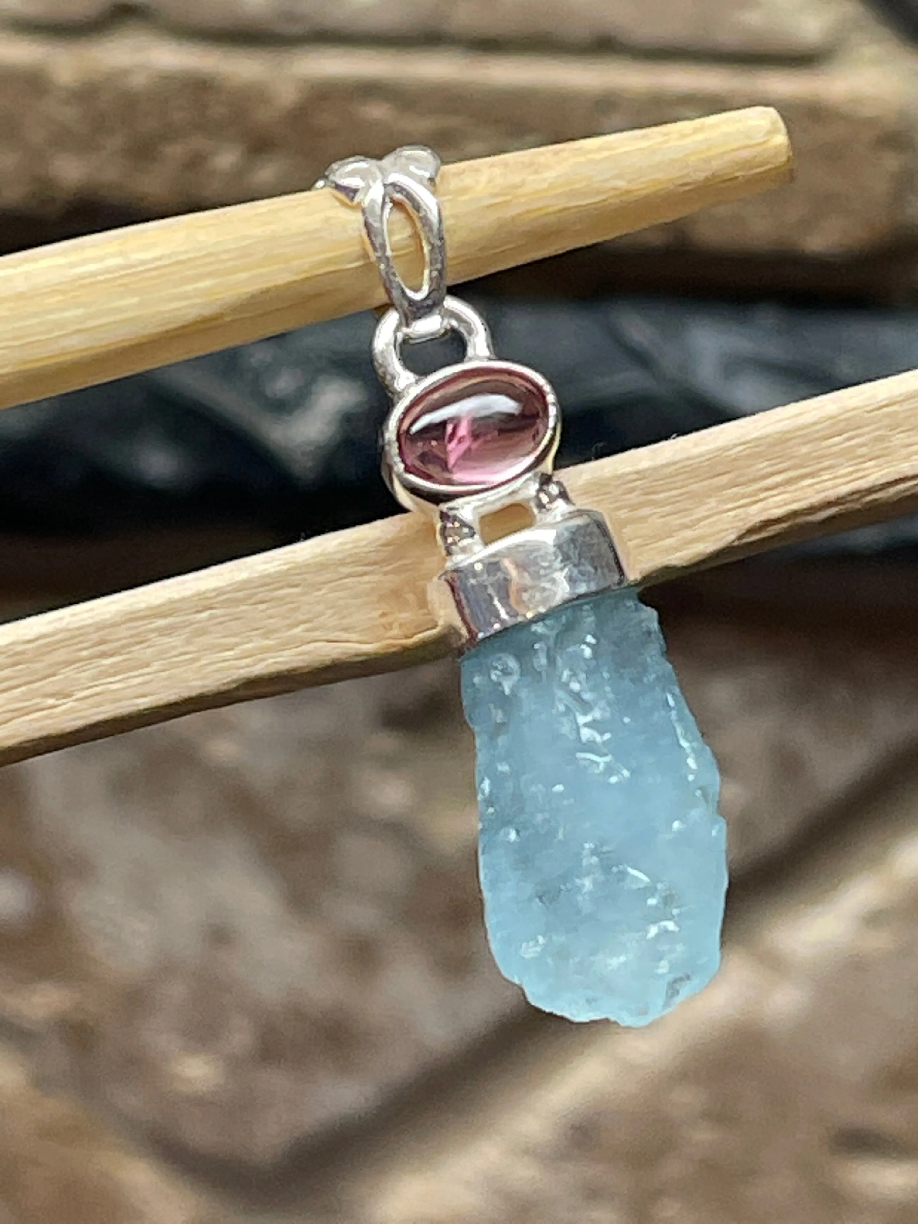 Natural Aquamarine, Tourmaline 925 Solid Sterling Silver Pendant 35mm