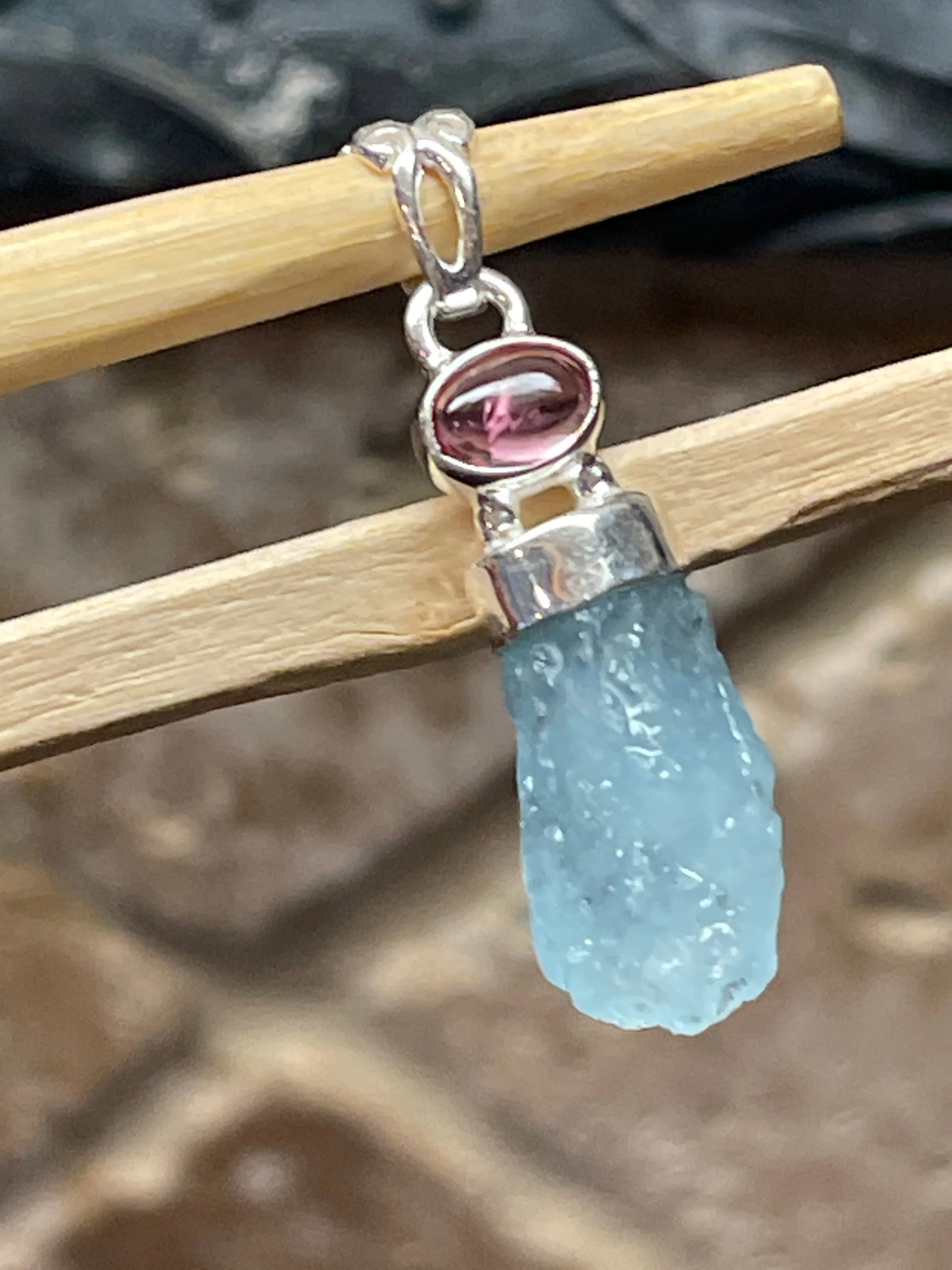 Natural Aquamarine, Tourmaline 925 Solid Sterling Silver Pendant 35mm