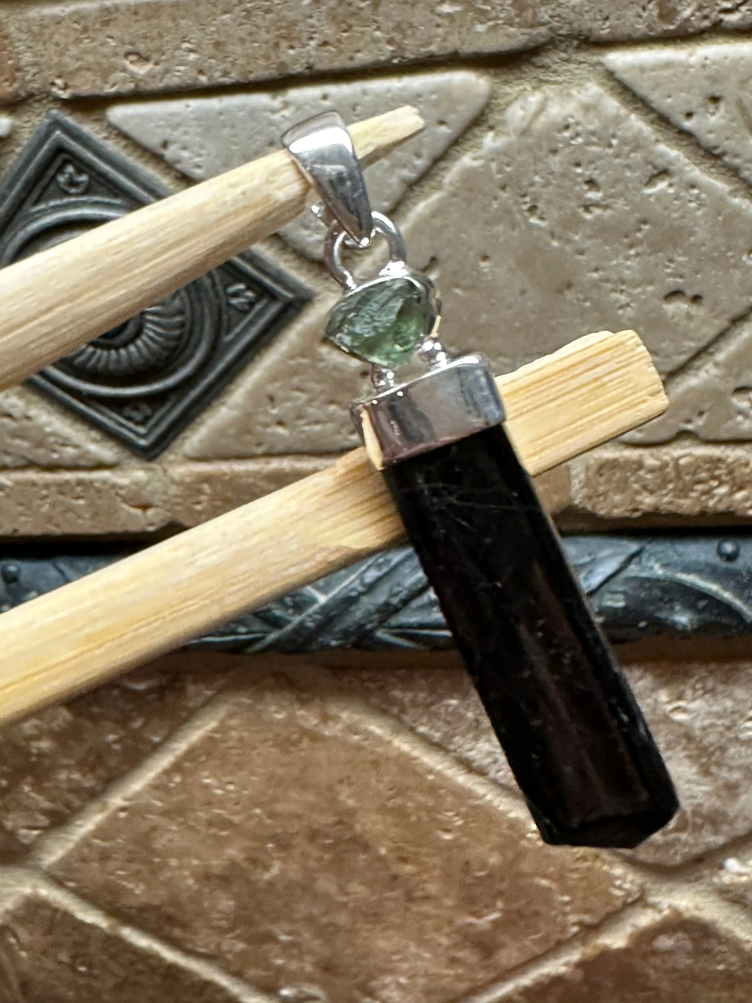 Natural Black Tourmaline, Moldavite 925 Solid Sterling Silver Pendant 40mm