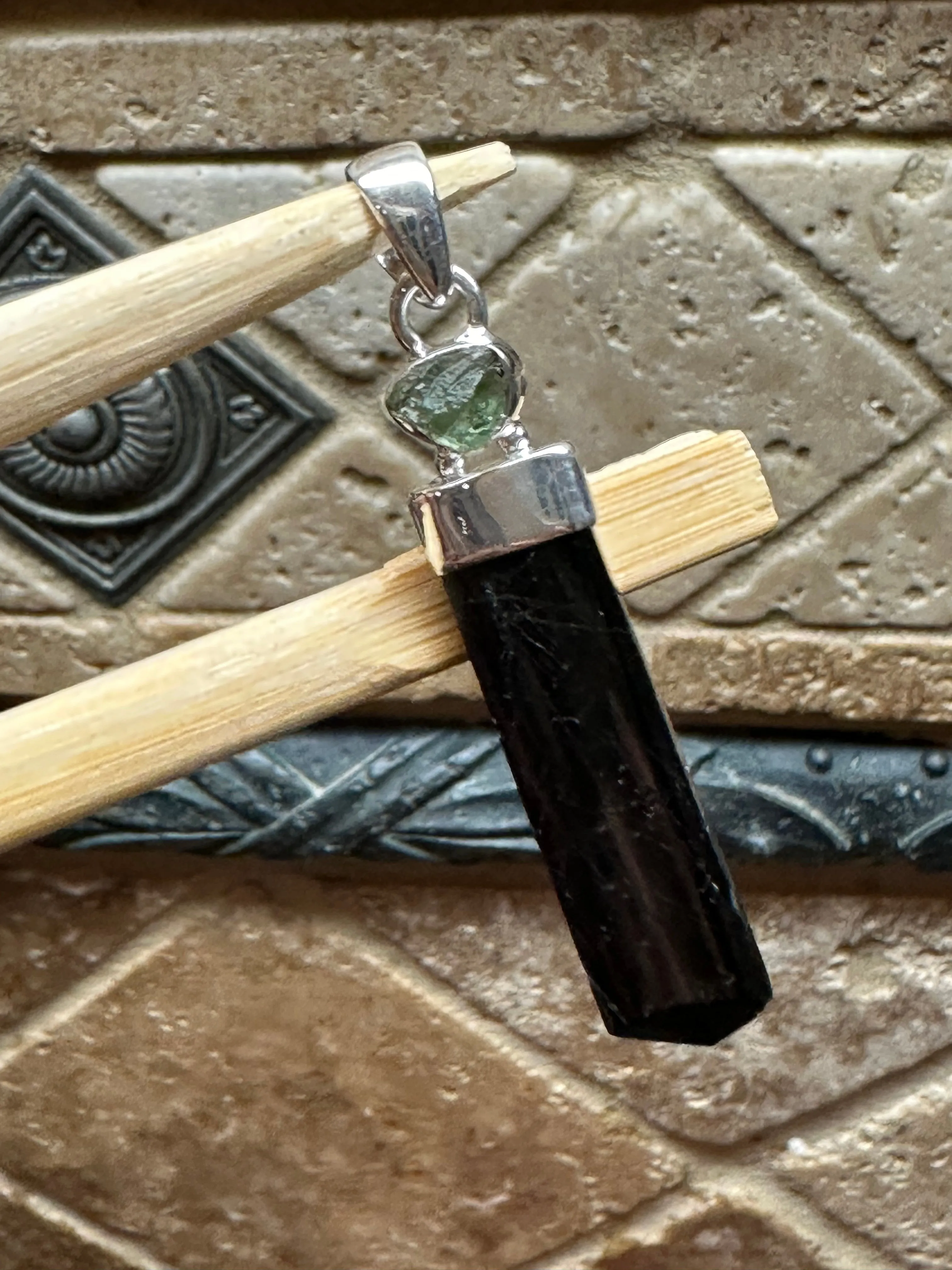 Natural Black Tourmaline, Moldavite 925 Solid Sterling Silver Pendant 40mm