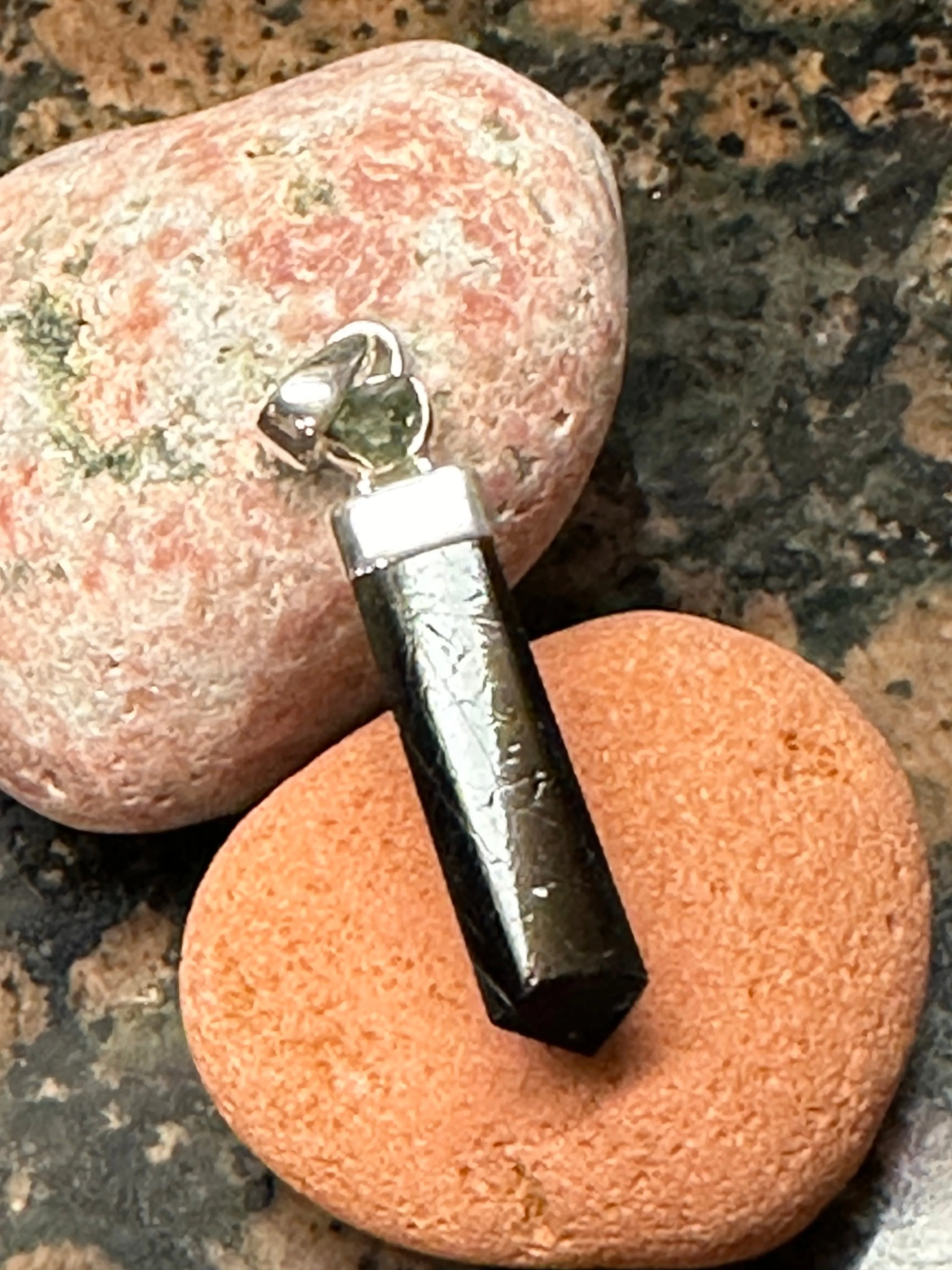Natural Black Tourmaline, Moldavite 925 Solid Sterling Silver Pendant 40mm