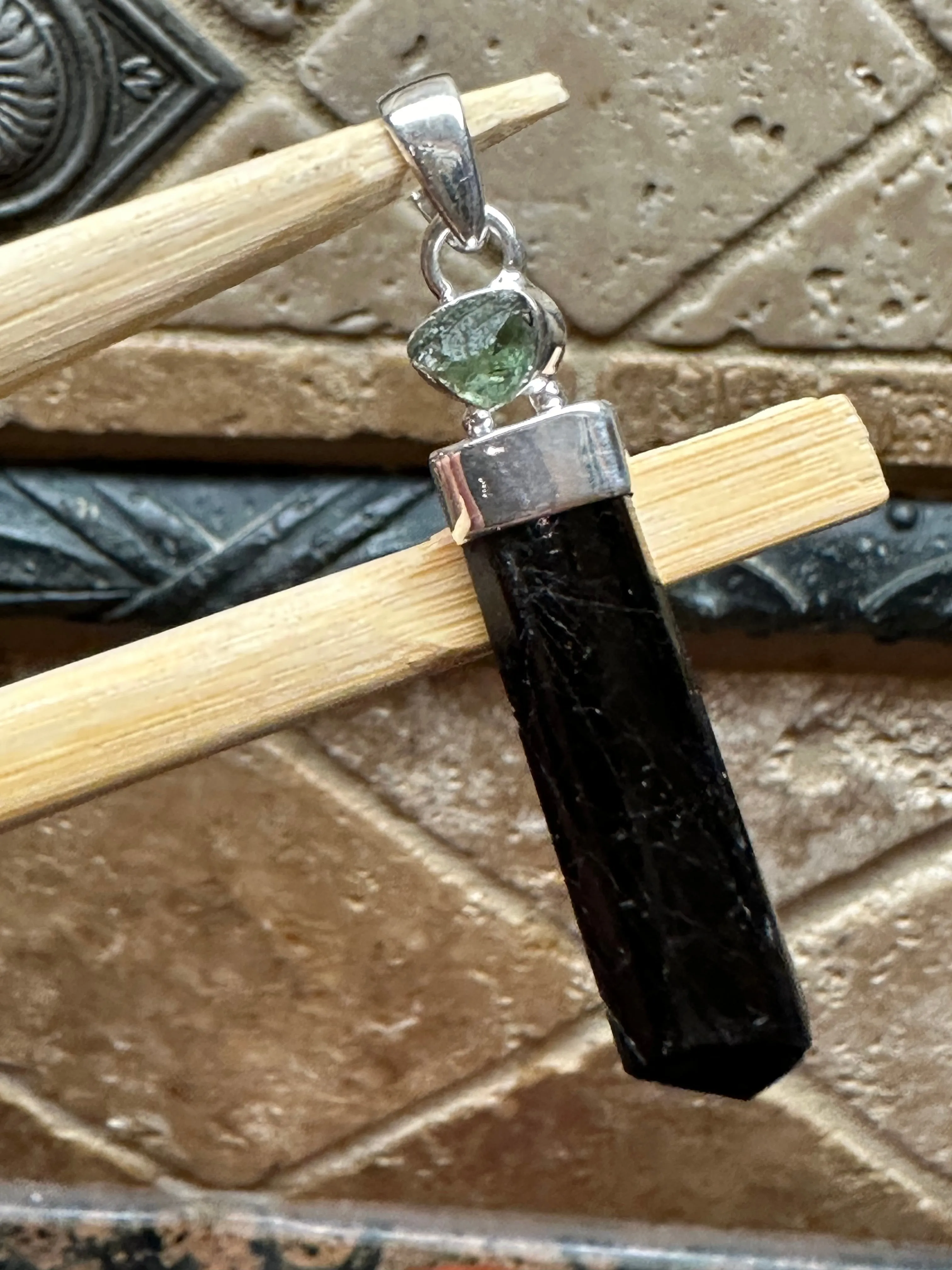 Natural Black Tourmaline, Moldavite 925 Solid Sterling Silver Pendant 40mm
