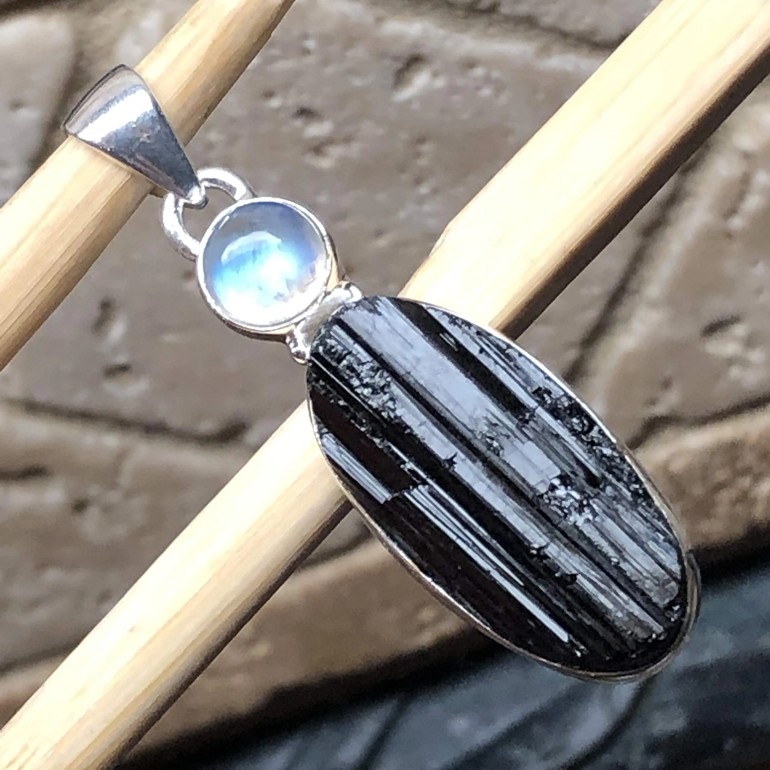 Natural Black Tourmaline, Rainbow Moonstone 925 Solid Sterling Silver Pendant 45mm