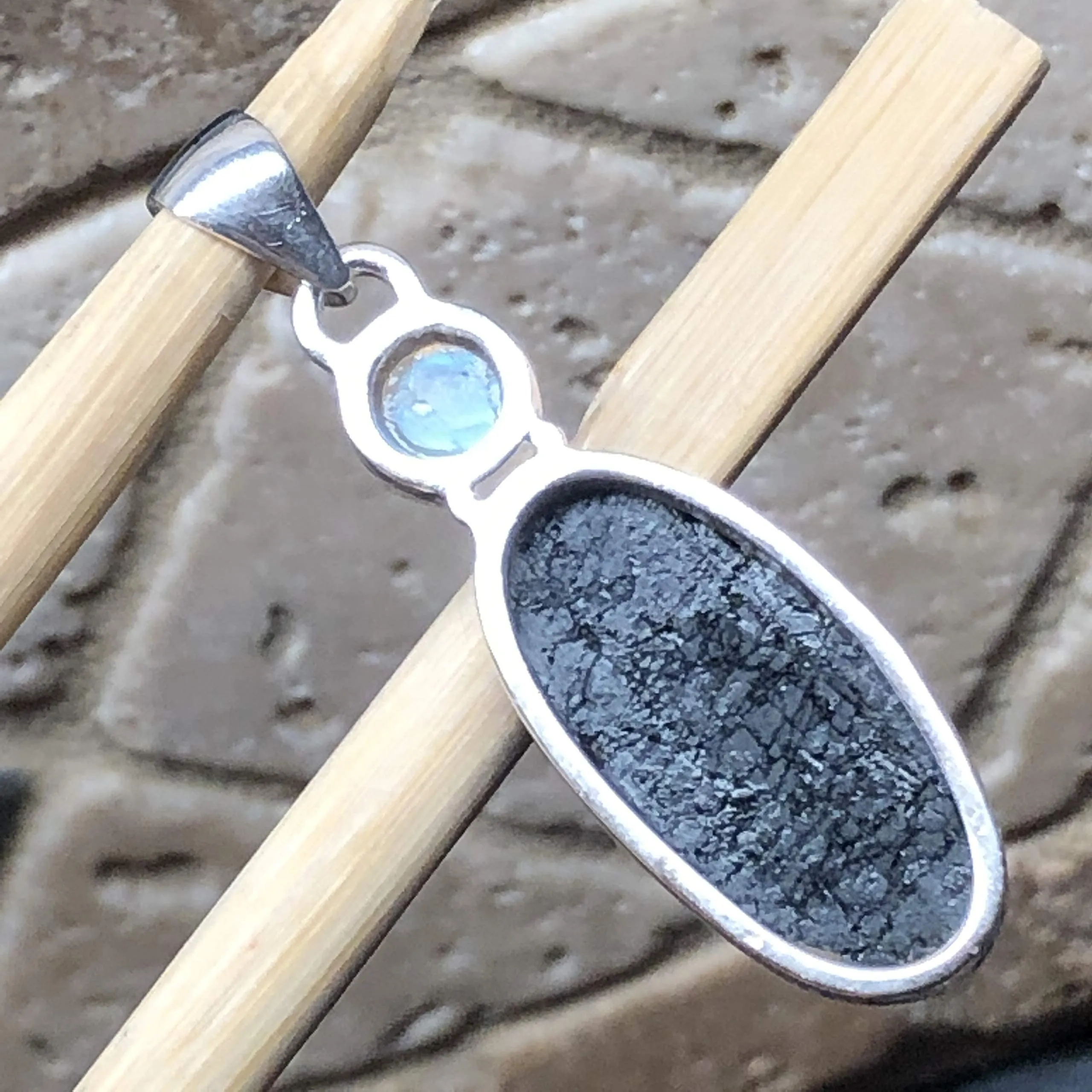 Natural Black Tourmaline, Rainbow Moonstone 925 Solid Sterling Silver Pendant 45mm