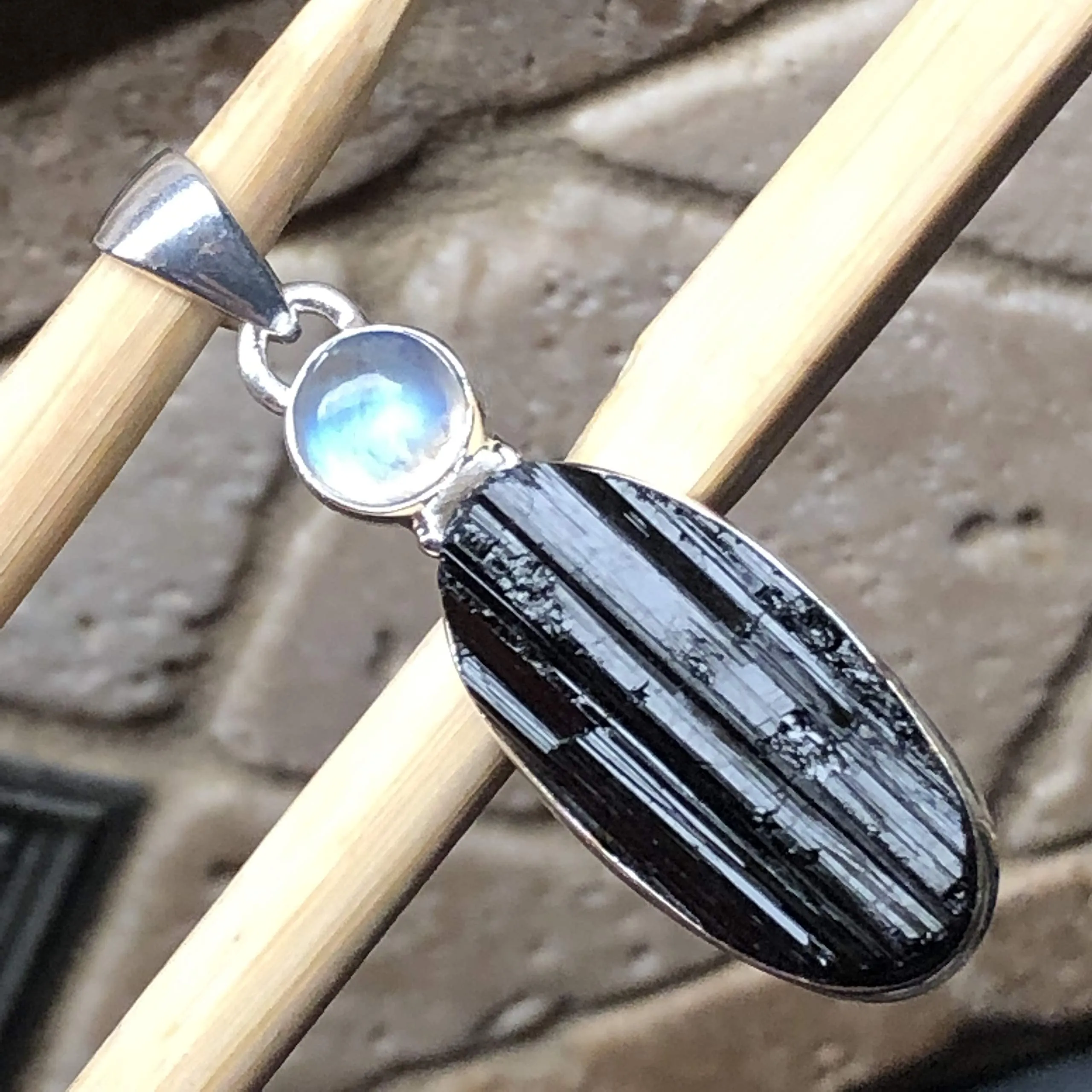 Natural Black Tourmaline, Rainbow Moonstone 925 Solid Sterling Silver Pendant 45mm