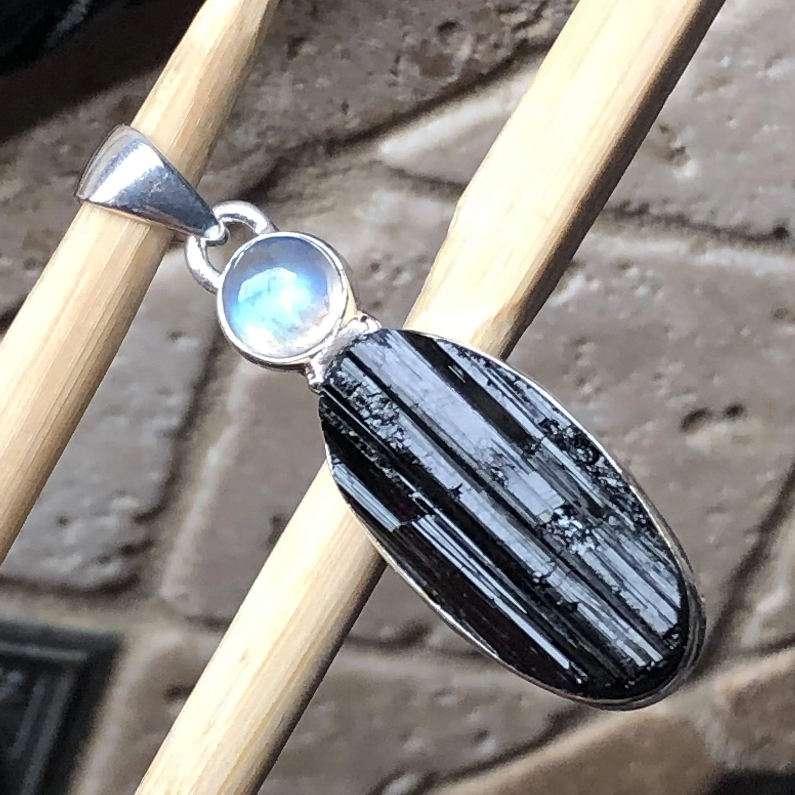 Natural Black Tourmaline, Rainbow Moonstone 925 Solid Sterling Silver Pendant 45mm