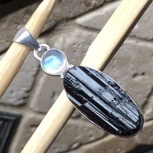 Natural Black Tourmaline, Rainbow Moonstone 925 Solid Sterling Silver Pendant 45mm