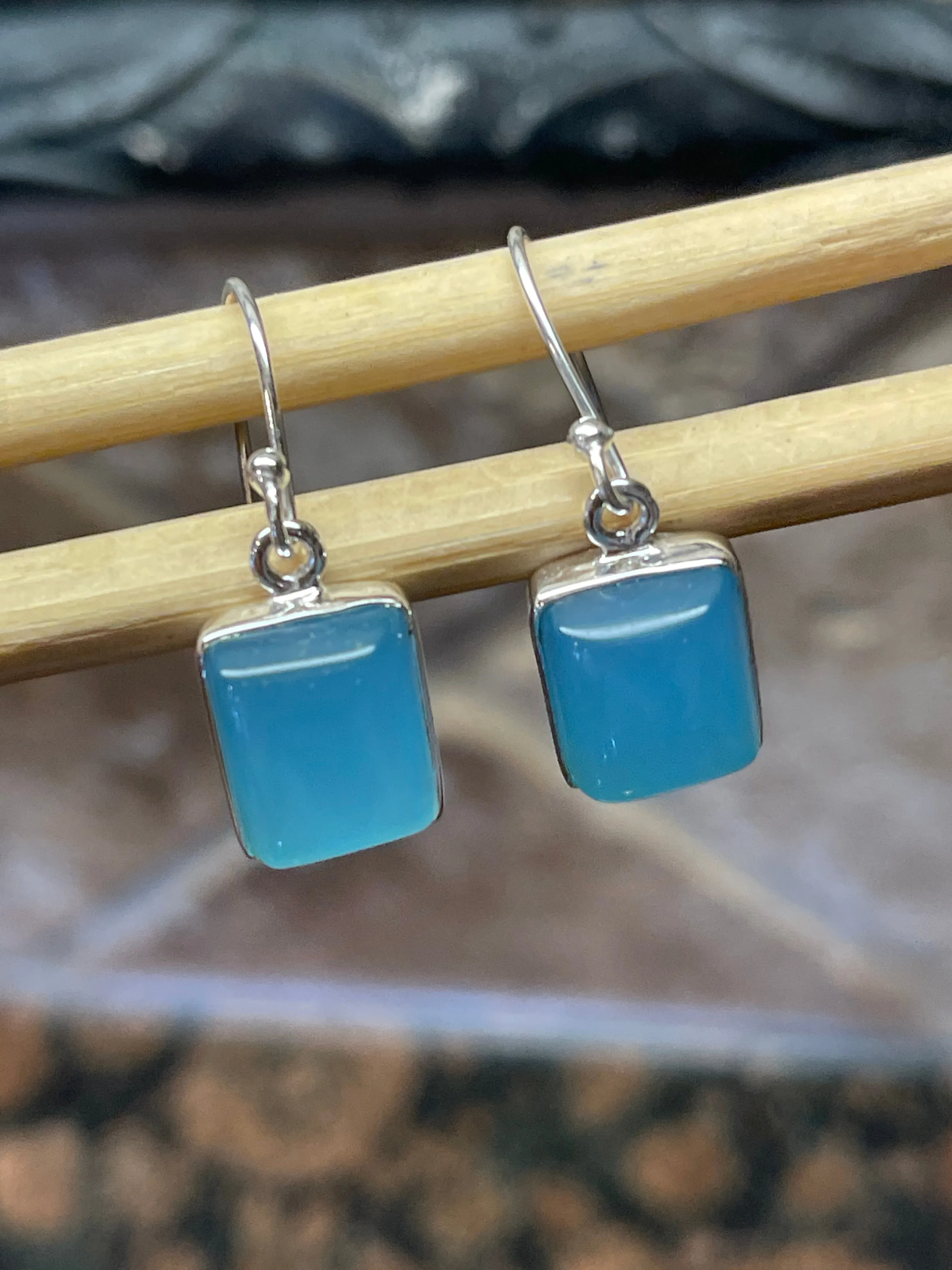 Natural Blue Chalcedony 925 Solid Sterling Silver Earrings 25mm