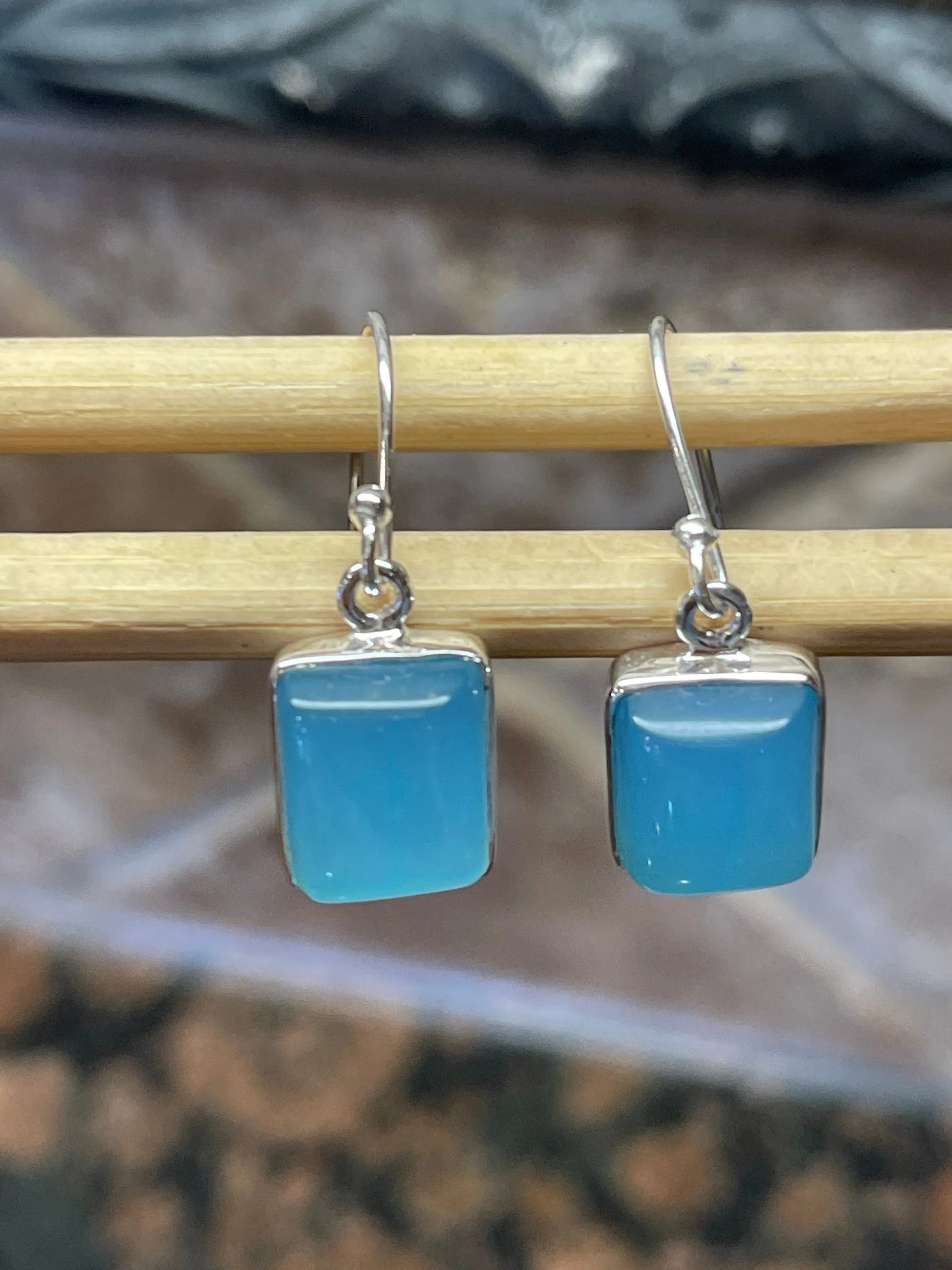 Natural Blue Chalcedony 925 Solid Sterling Silver Earrings 25mm