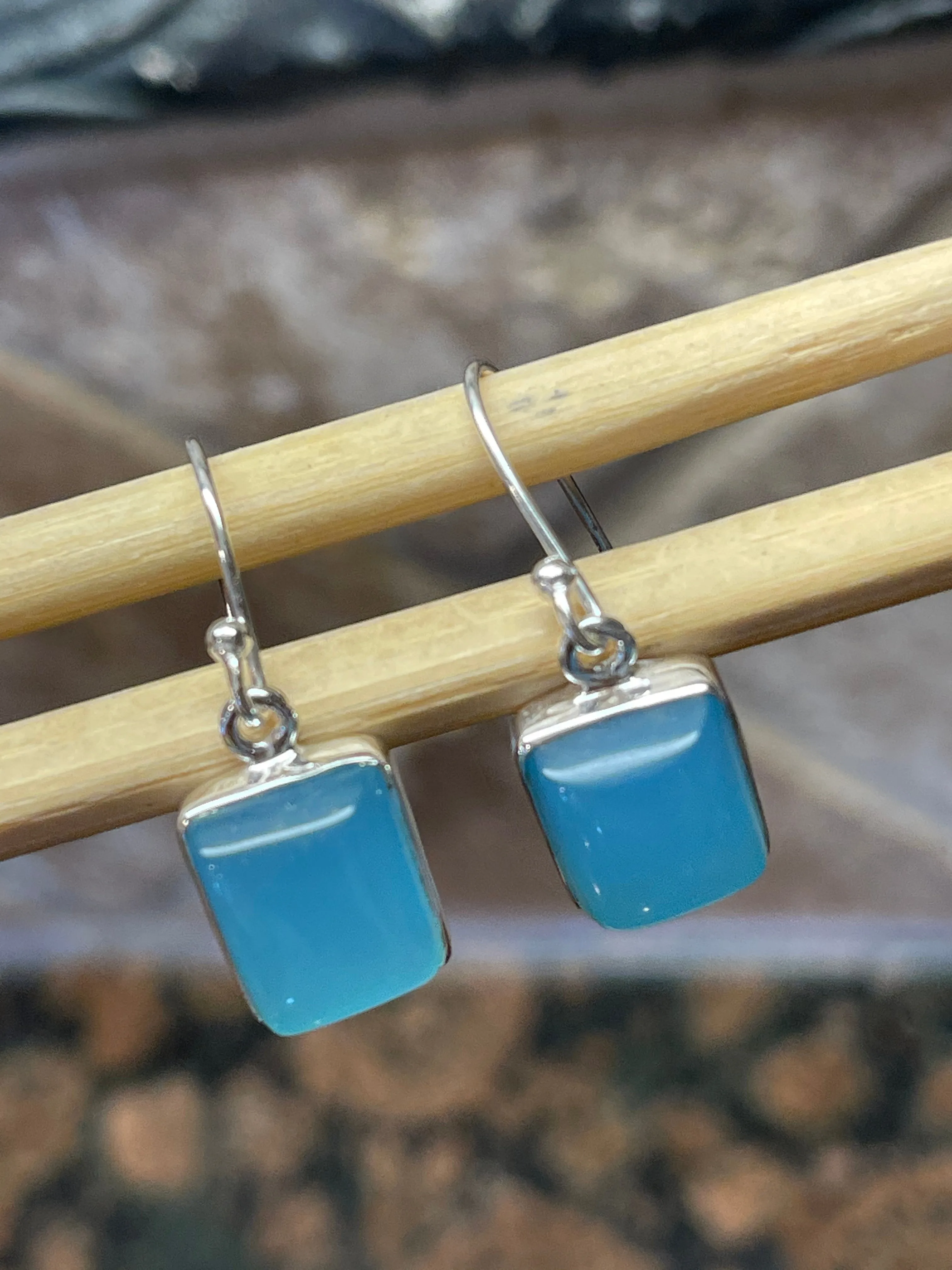 Natural Blue Chalcedony 925 Solid Sterling Silver Earrings 25mm