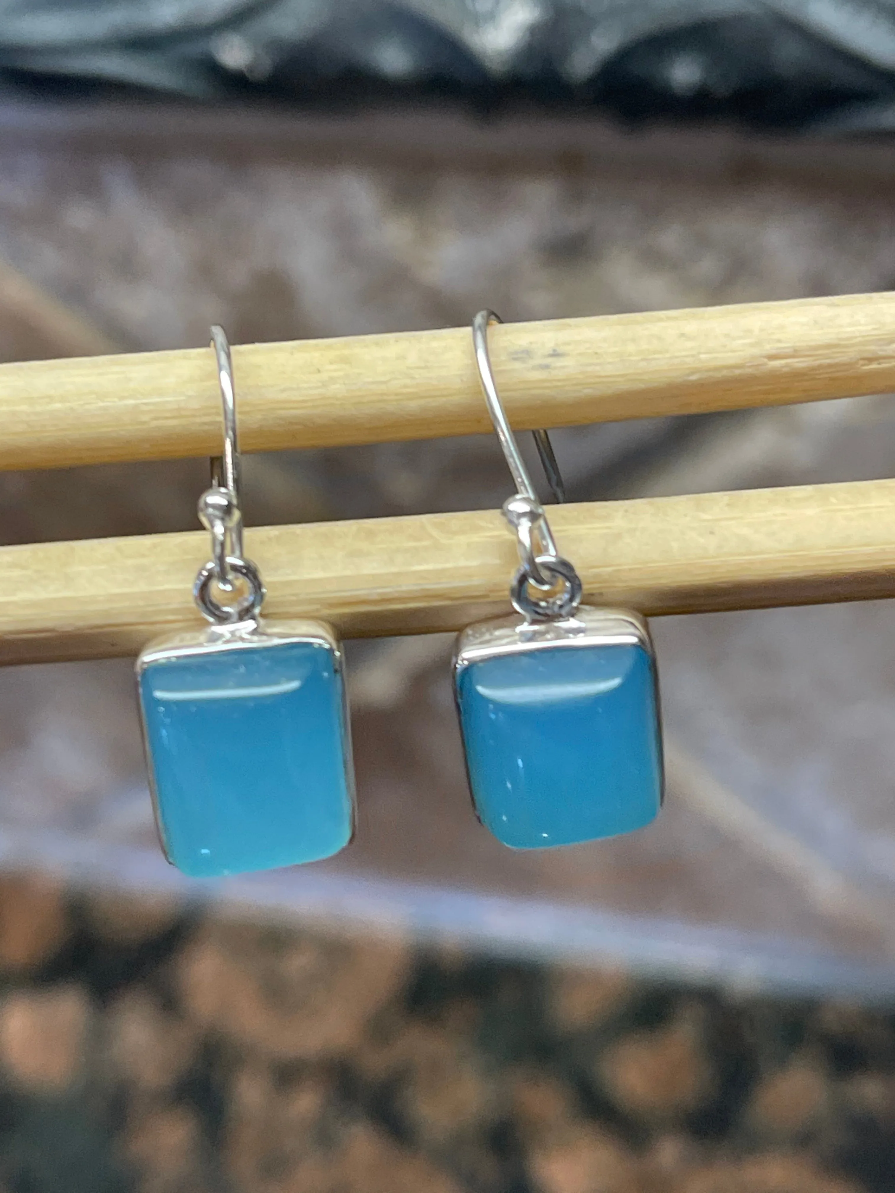 Natural Blue Chalcedony 925 Solid Sterling Silver Earrings 25mm