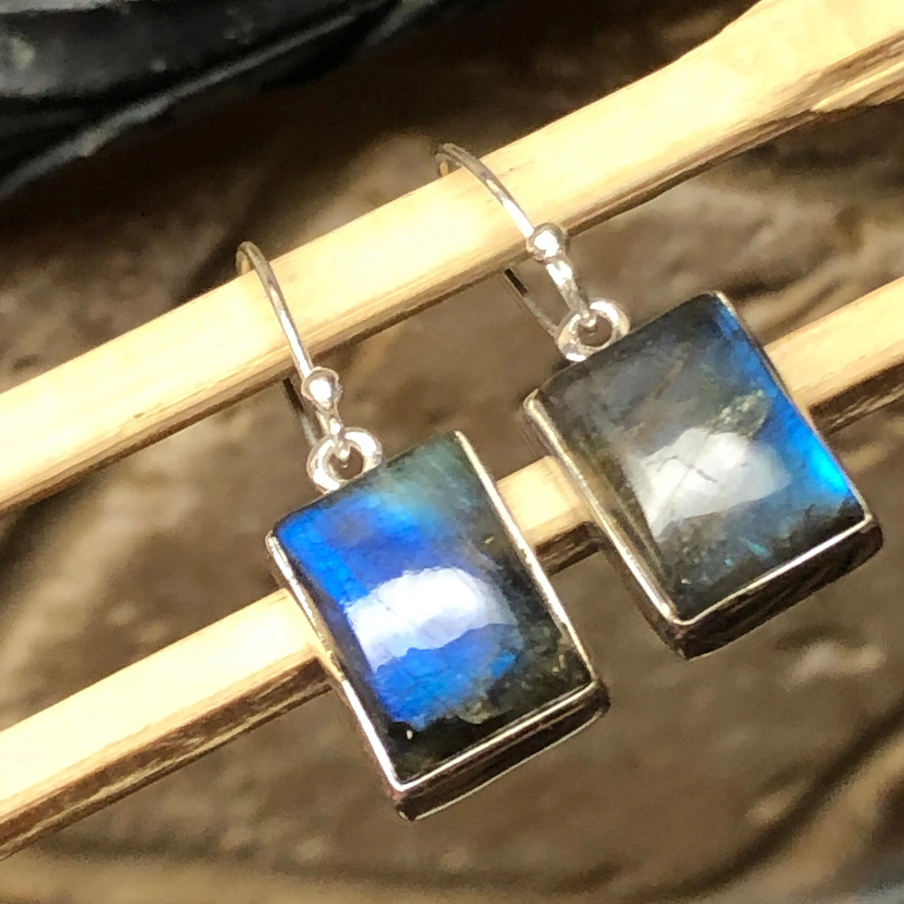 Natural Blue Labradorite 925 Sterling Silver Earrings 30mm