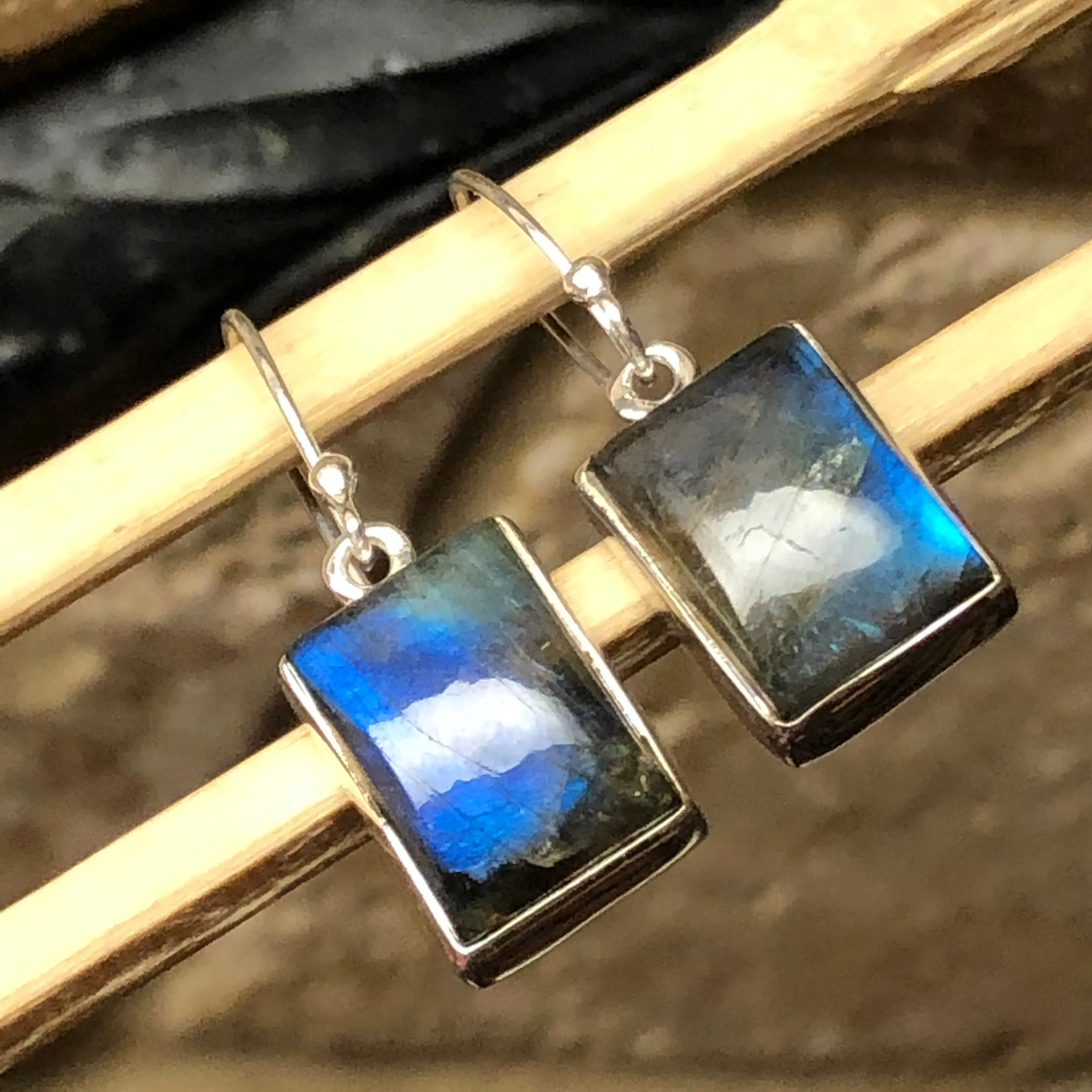 Natural Blue Labradorite 925 Sterling Silver Earrings 30mm