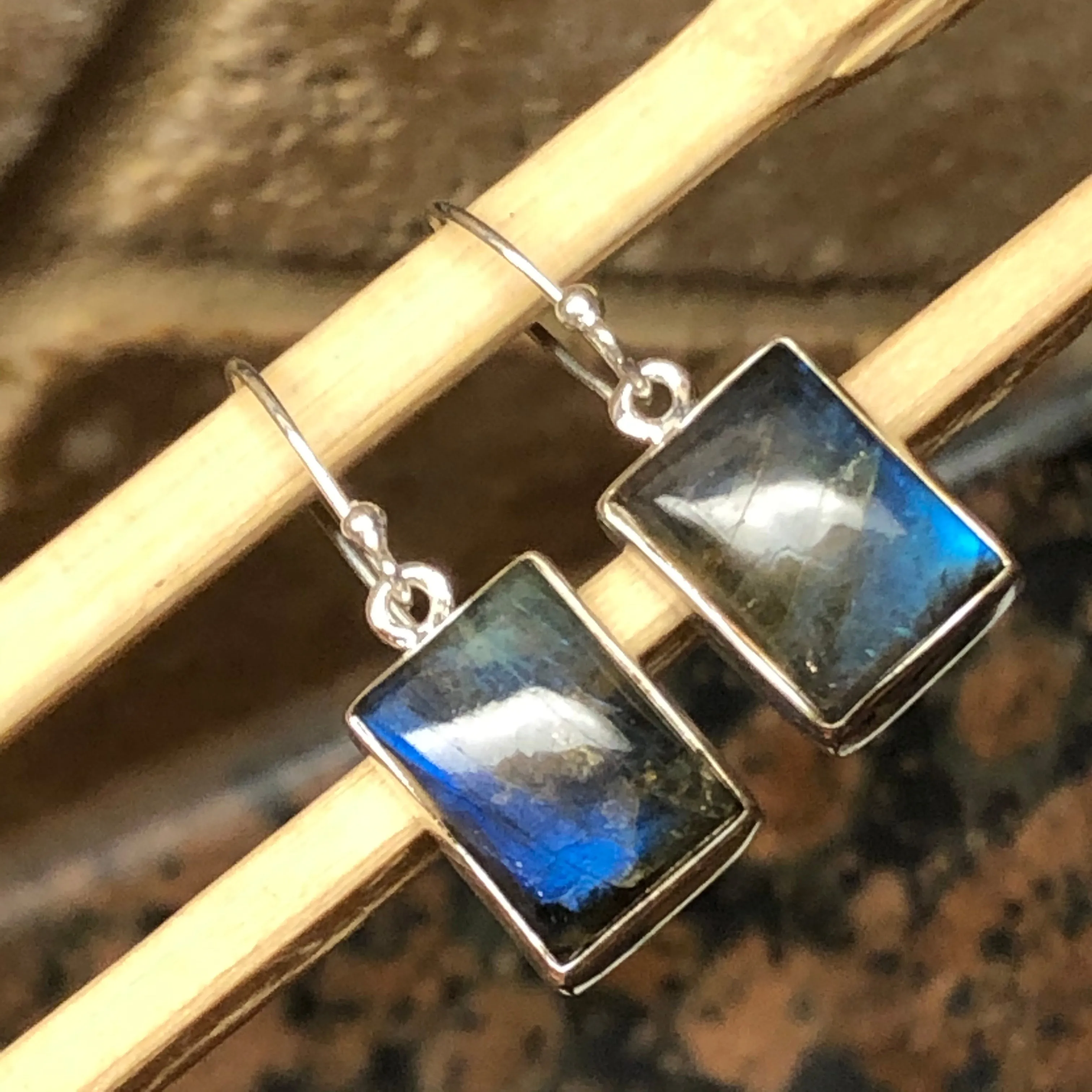 Natural Blue Labradorite 925 Sterling Silver Earrings 30mm