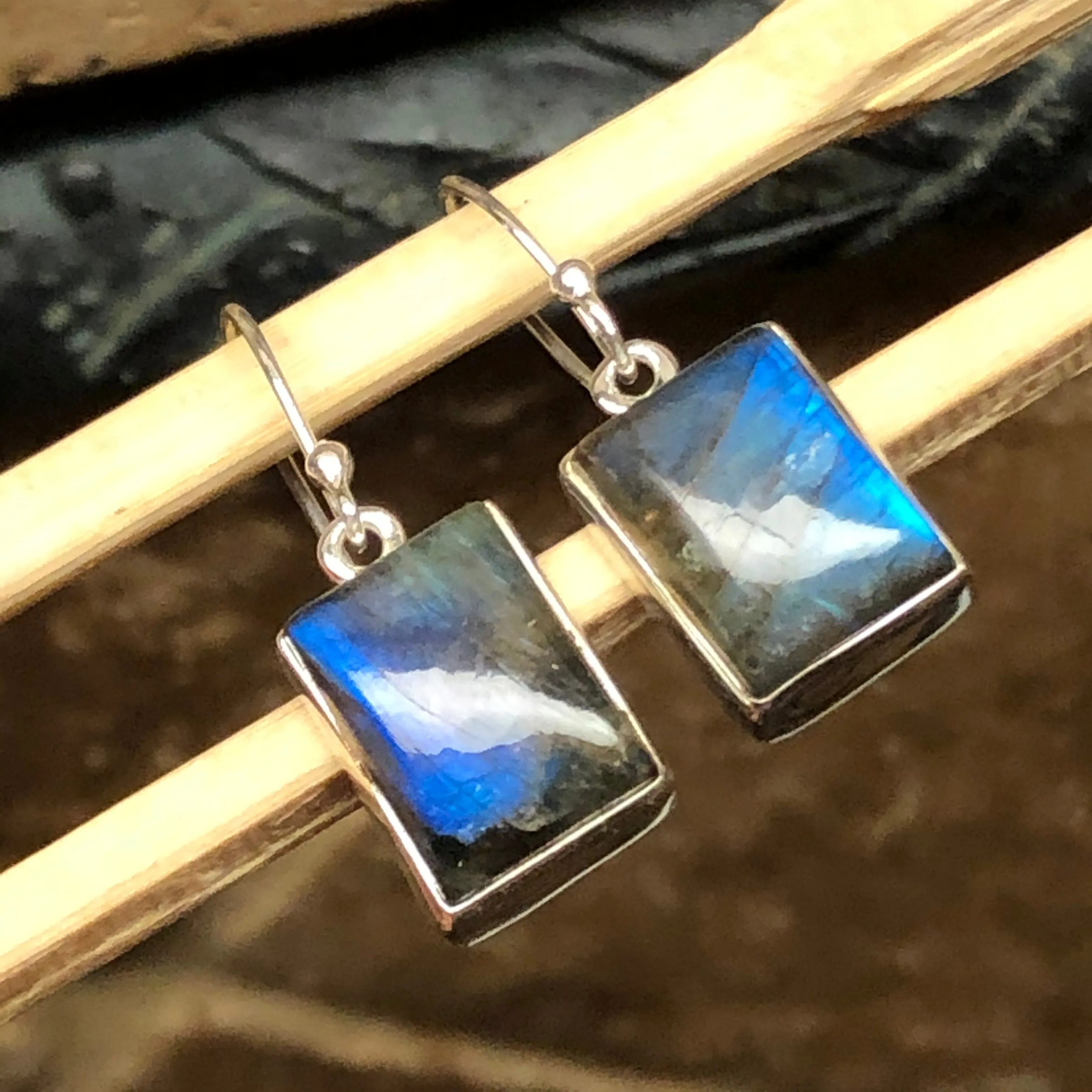 Natural Blue Labradorite 925 Sterling Silver Earrings 30mm