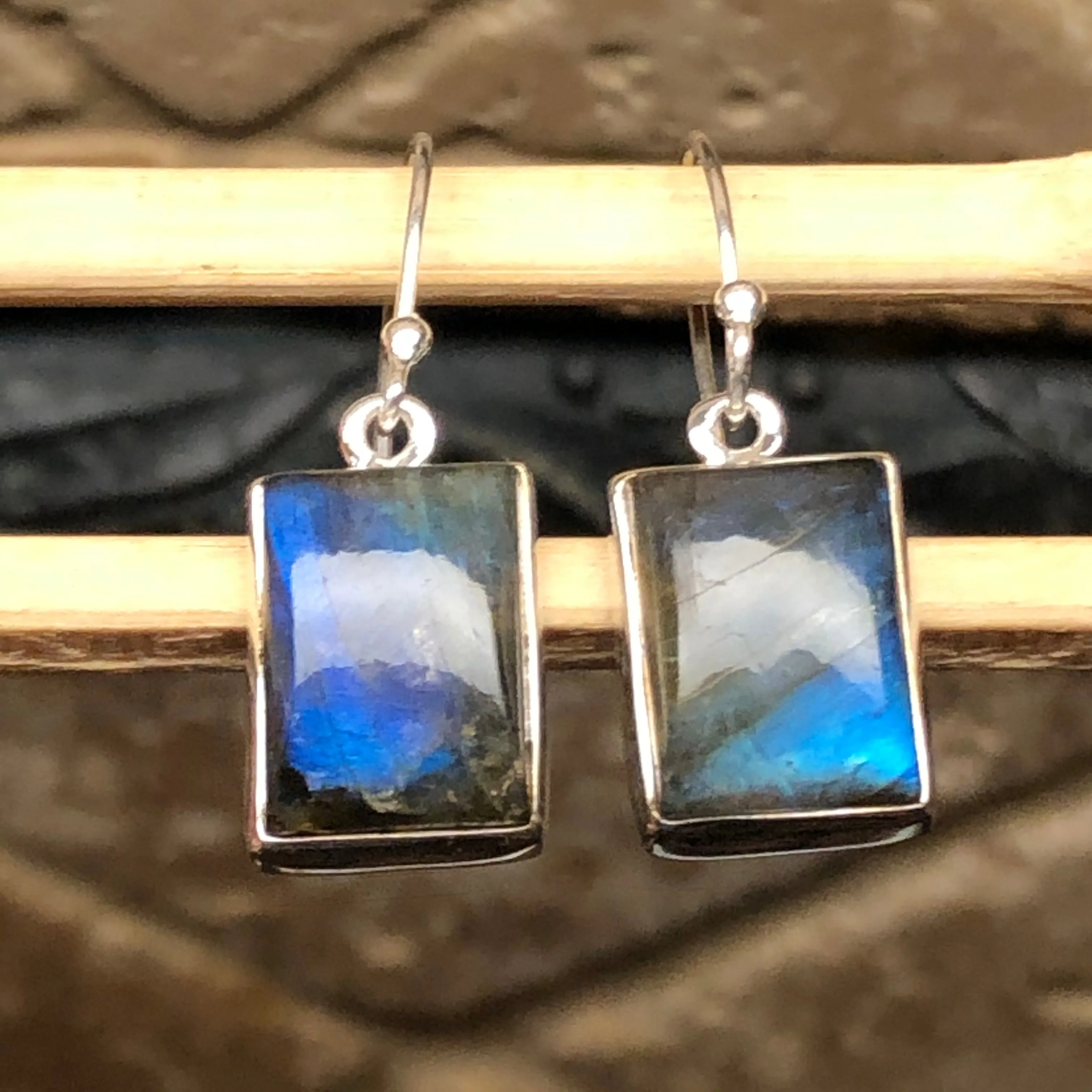 Natural Blue Labradorite 925 Sterling Silver Earrings 30mm