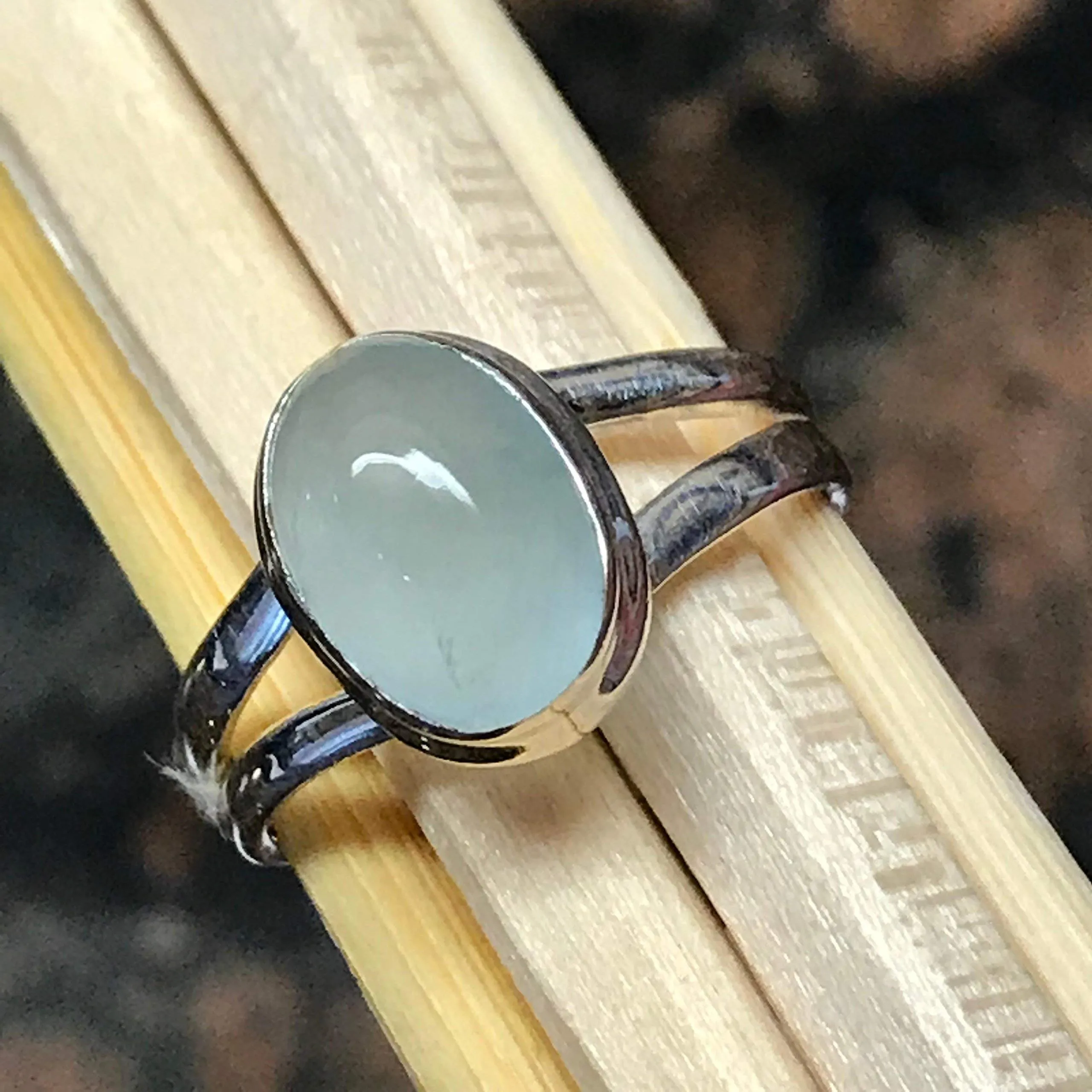 Natural Cabochon Aquamarine 925 Solid Sterling Silver Engagement Ring Size 6, 7