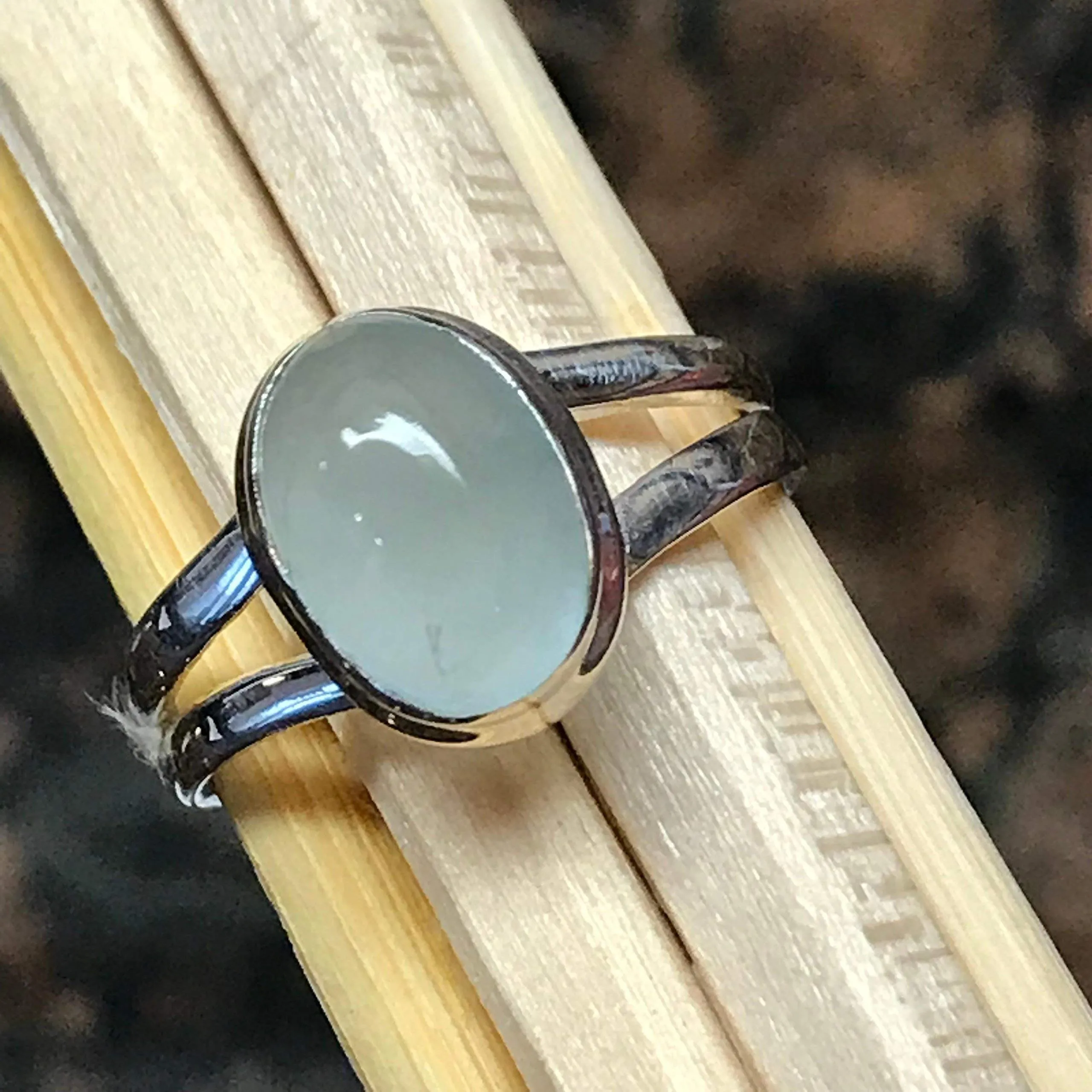 Natural Cabochon Aquamarine 925 Solid Sterling Silver Engagement Ring Size 6, 7