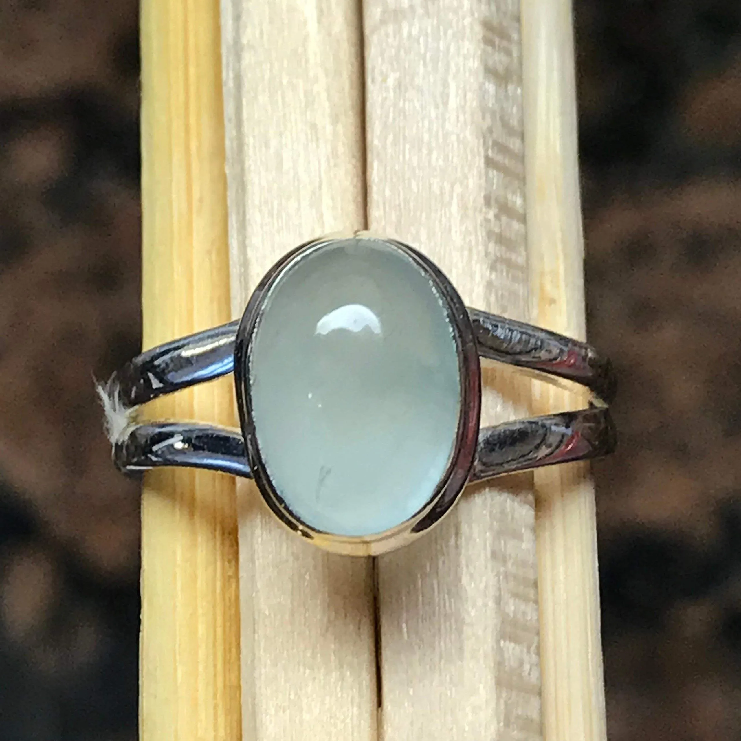 Natural Cabochon Aquamarine 925 Solid Sterling Silver Engagement Ring Size 6, 7