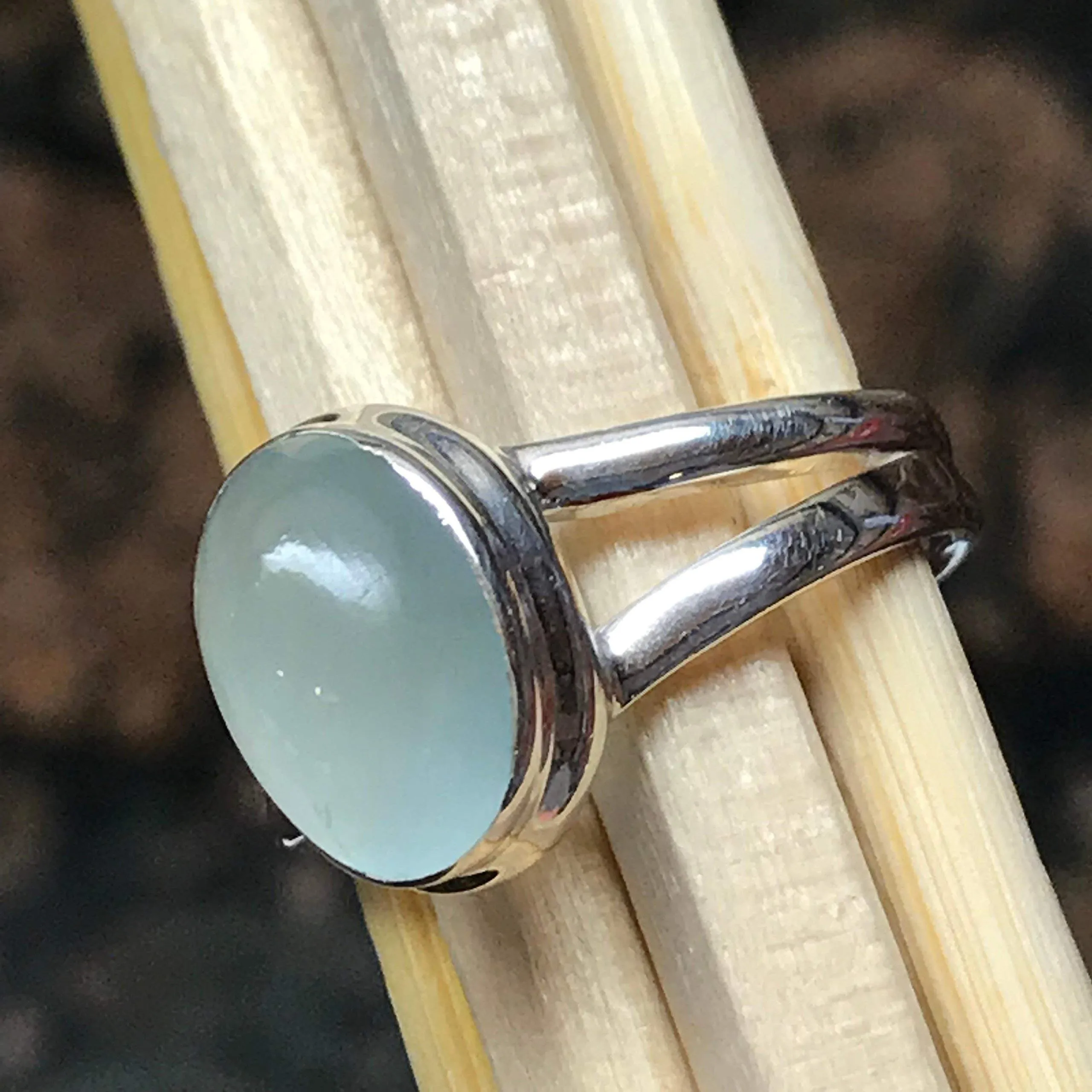 Natural Cabochon Aquamarine 925 Solid Sterling Silver Engagement Ring Size 6, 7