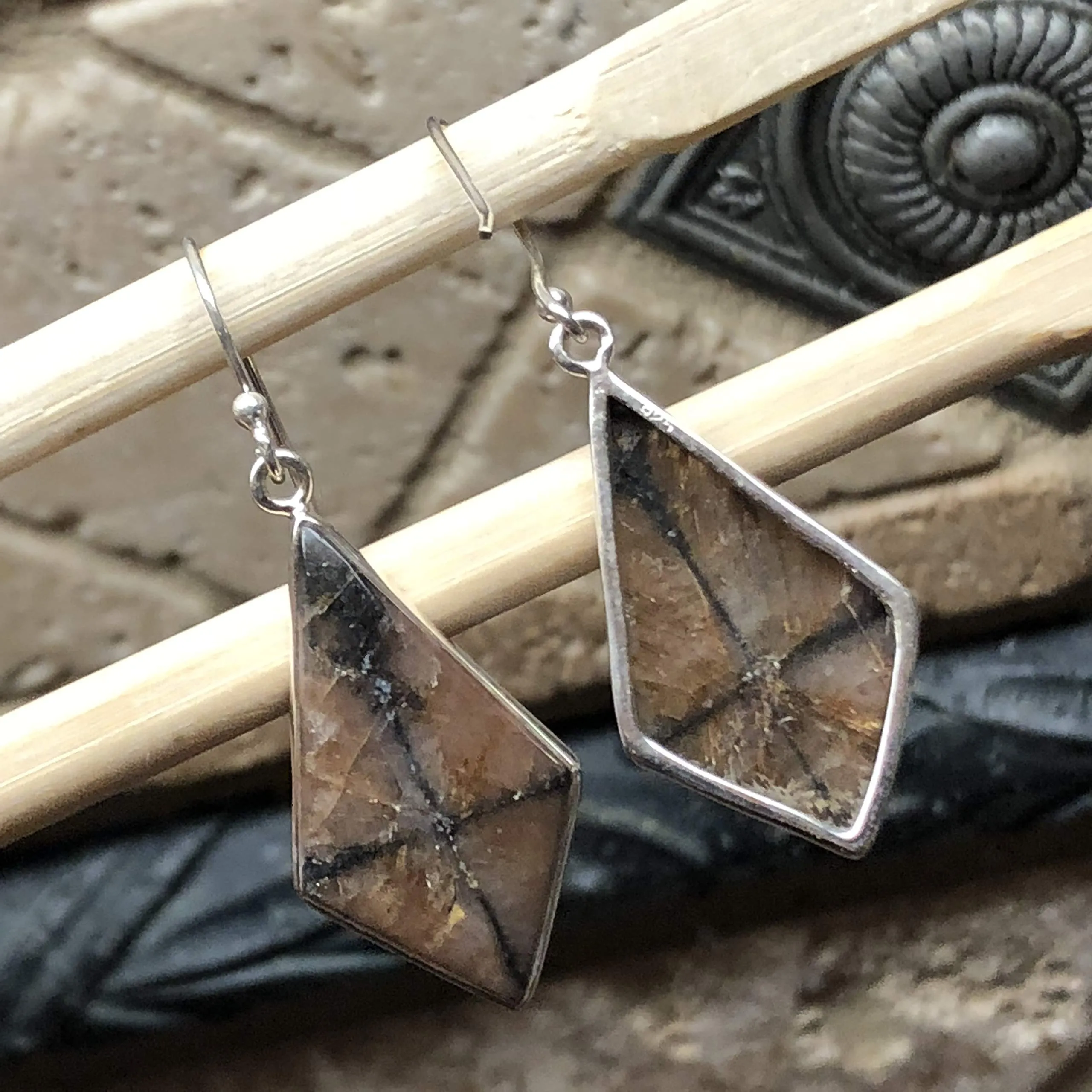 Natural Chiastolite 925 Solid Sterling Silver Earrings 40mm