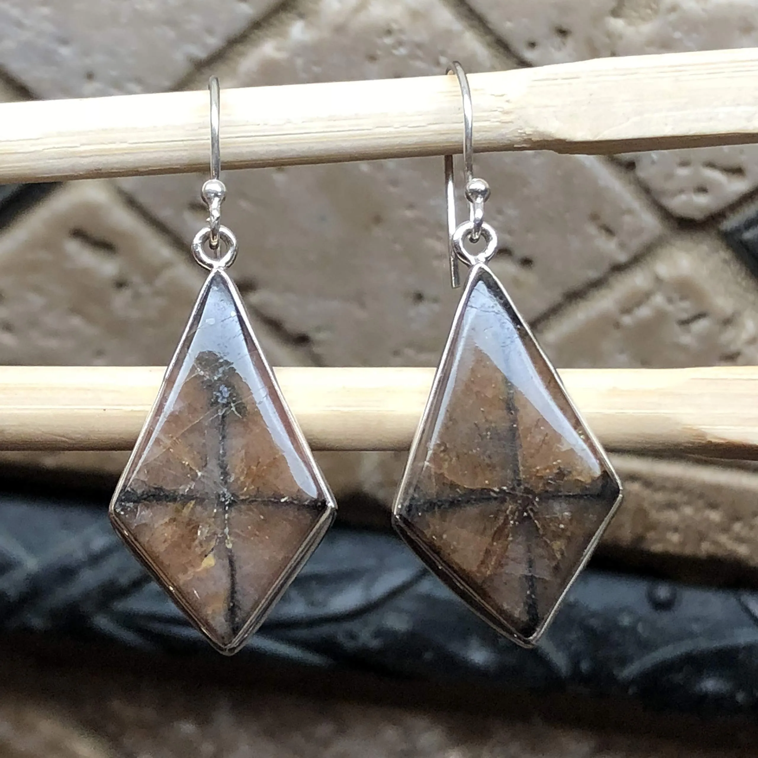 Natural Chiastolite 925 Solid Sterling Silver Earrings 40mm