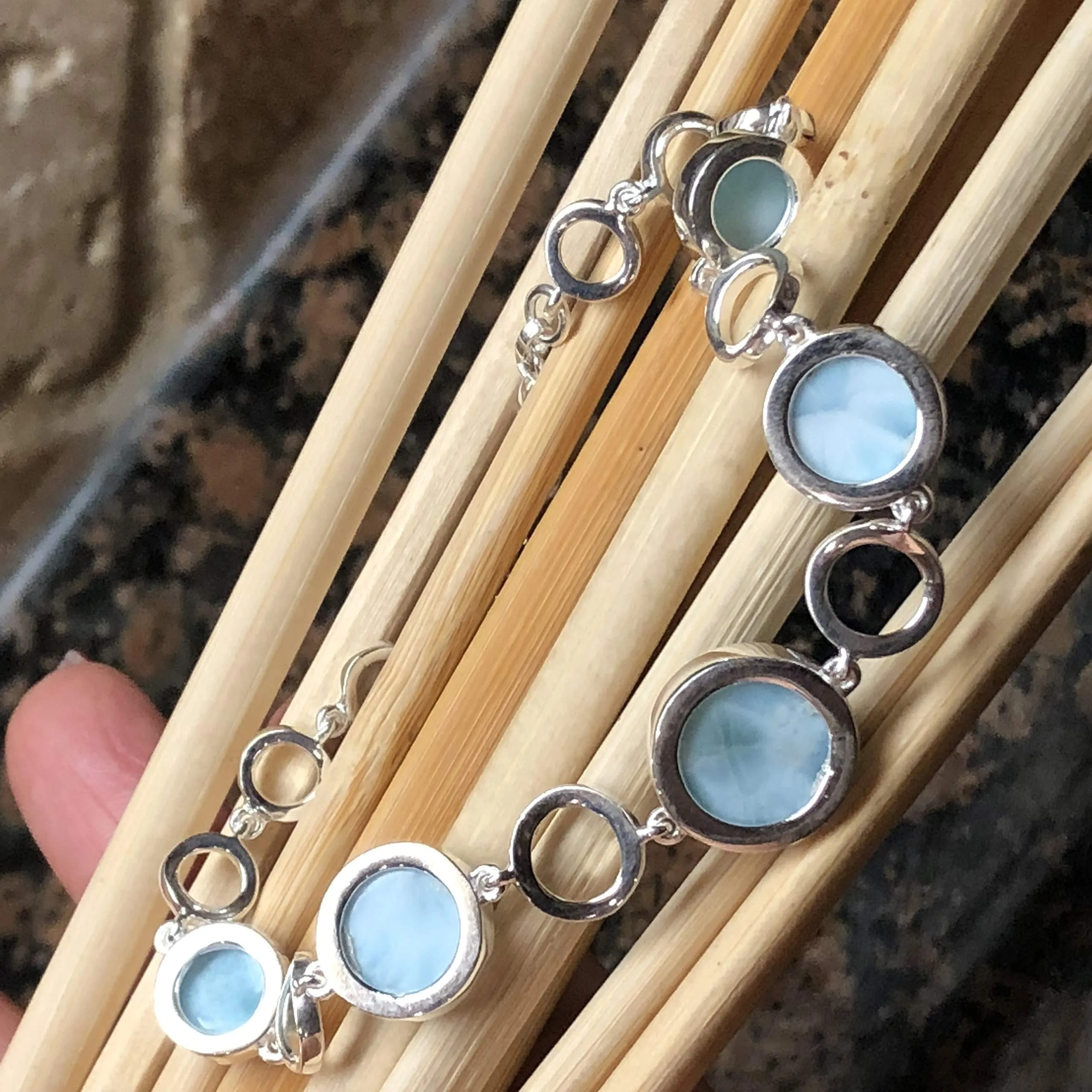 Natural Dominican Larimar 925 Solid Sterling Silver Bracelets 7"