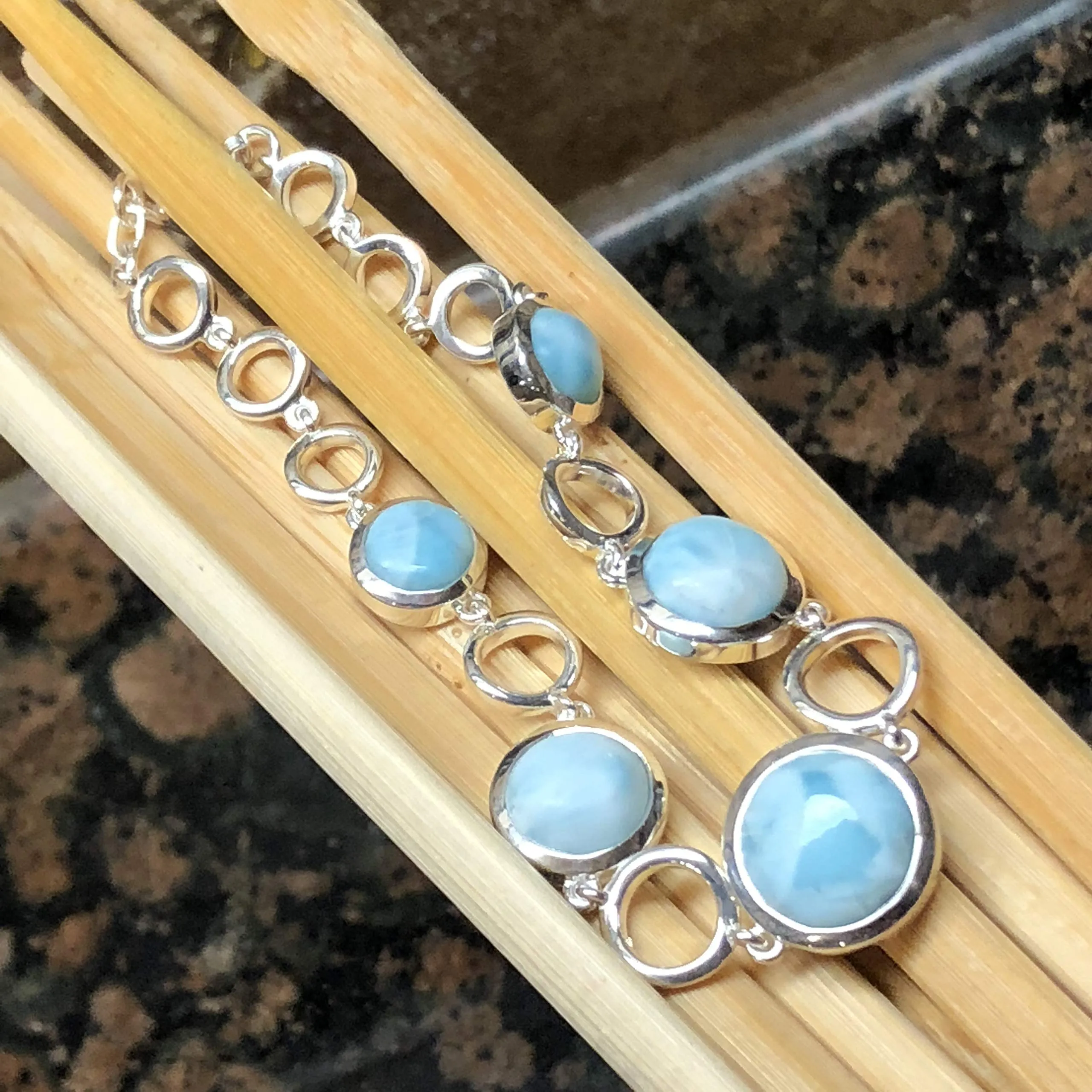 Natural Dominican Larimar 925 Solid Sterling Silver Bracelets 7"