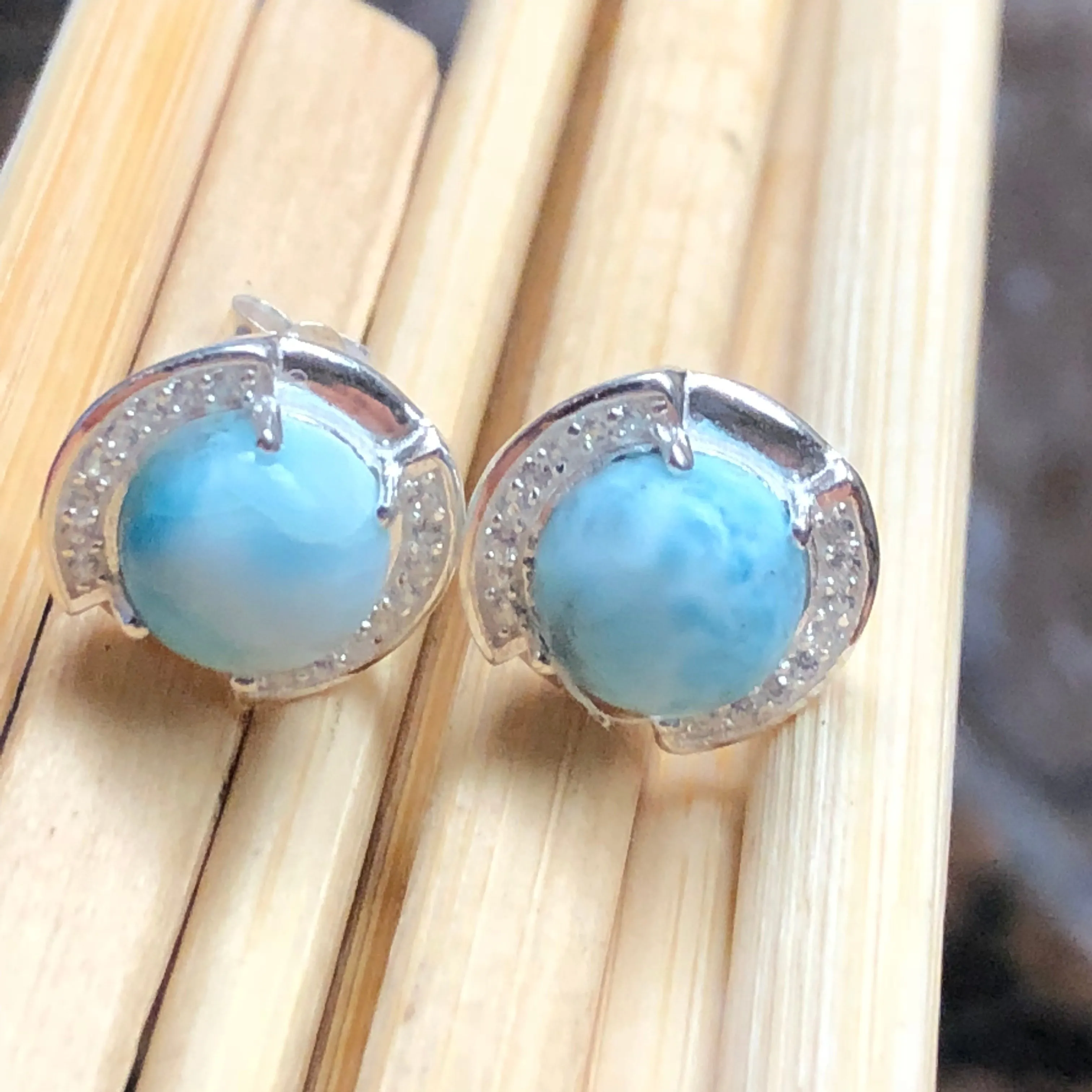 Natural Dominican Larimar 925 Solid Sterling Silver Earrings 12mm
