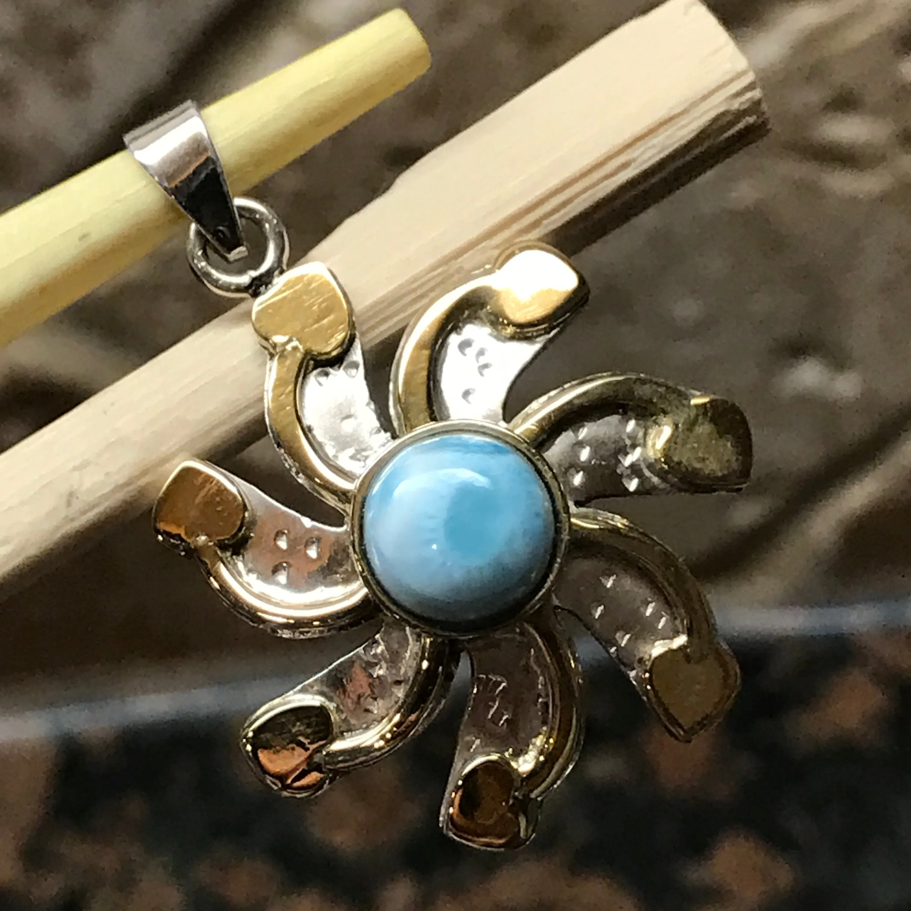 Natural Dominican Larimar 925 Solid Sterling Silver Pendant 35mm