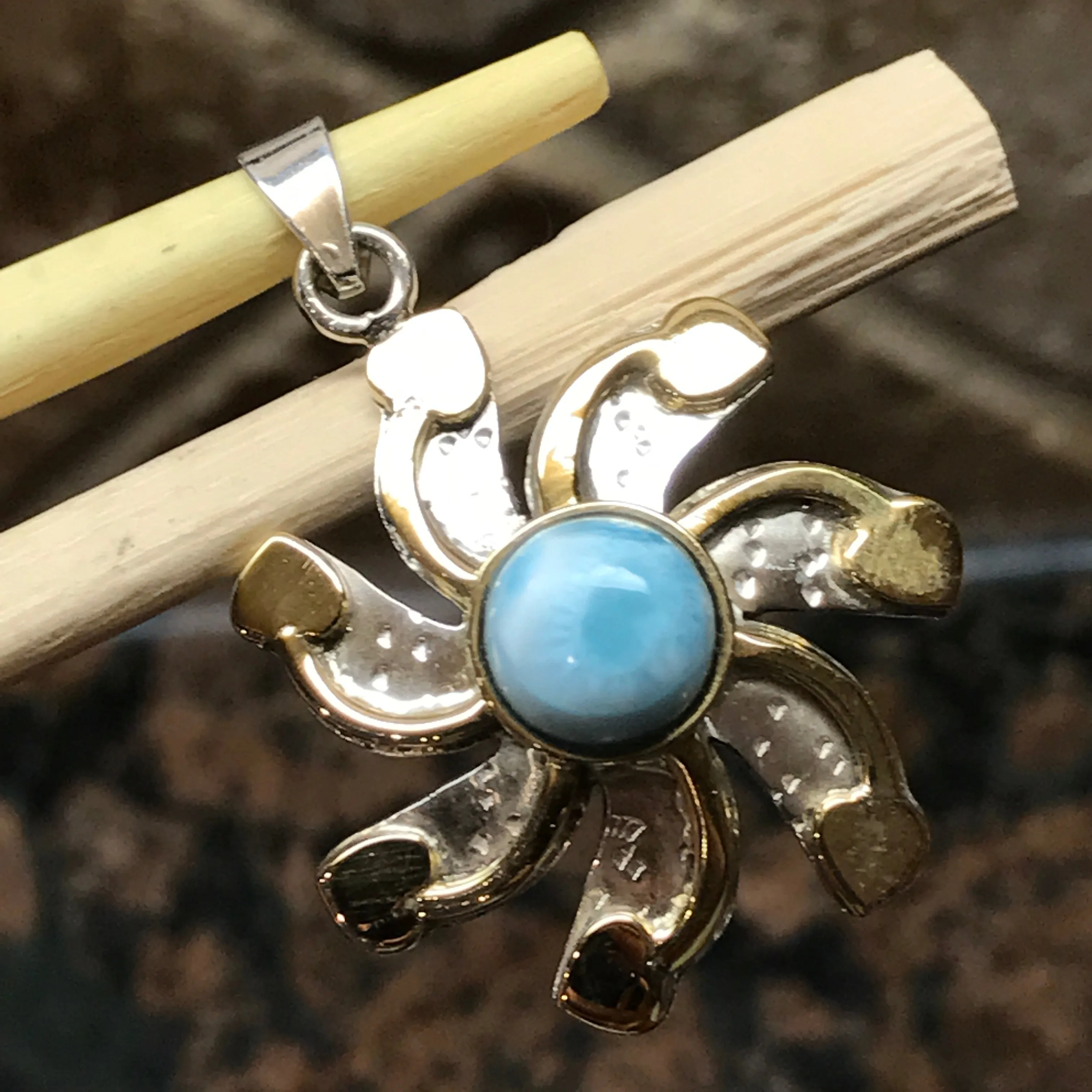 Natural Dominican Larimar 925 Solid Sterling Silver Pendant 35mm